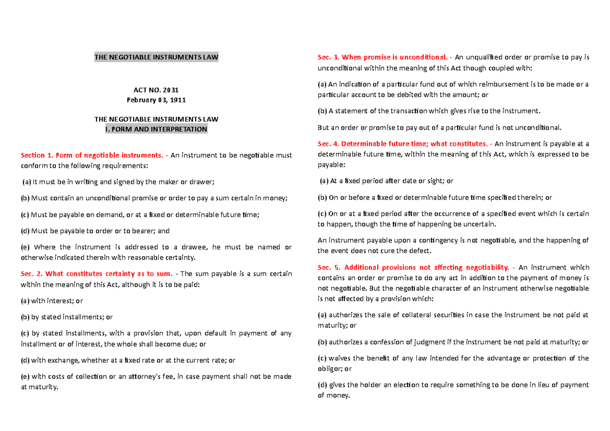 THE Negotiable Instruments LAW - Law - ANTEO - Studocu