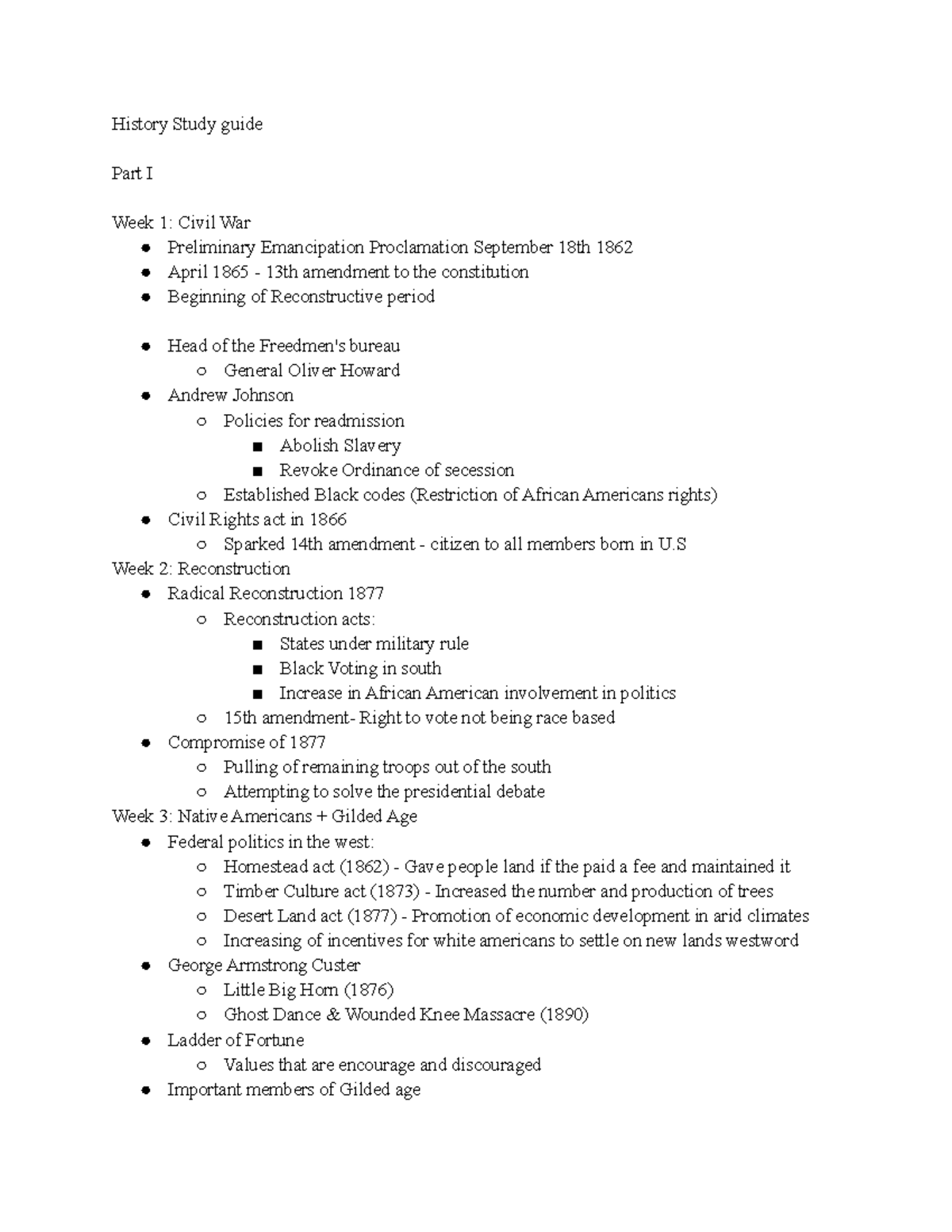 History Study Guide History Study guide Part I Week 1 Civil War