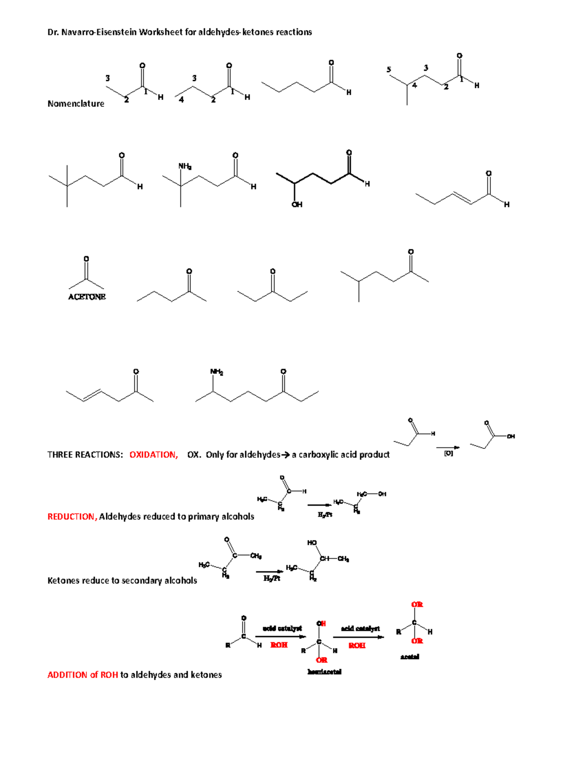 Aldehydes ketones-Nomenclature and reactions worksheet - StuDocu