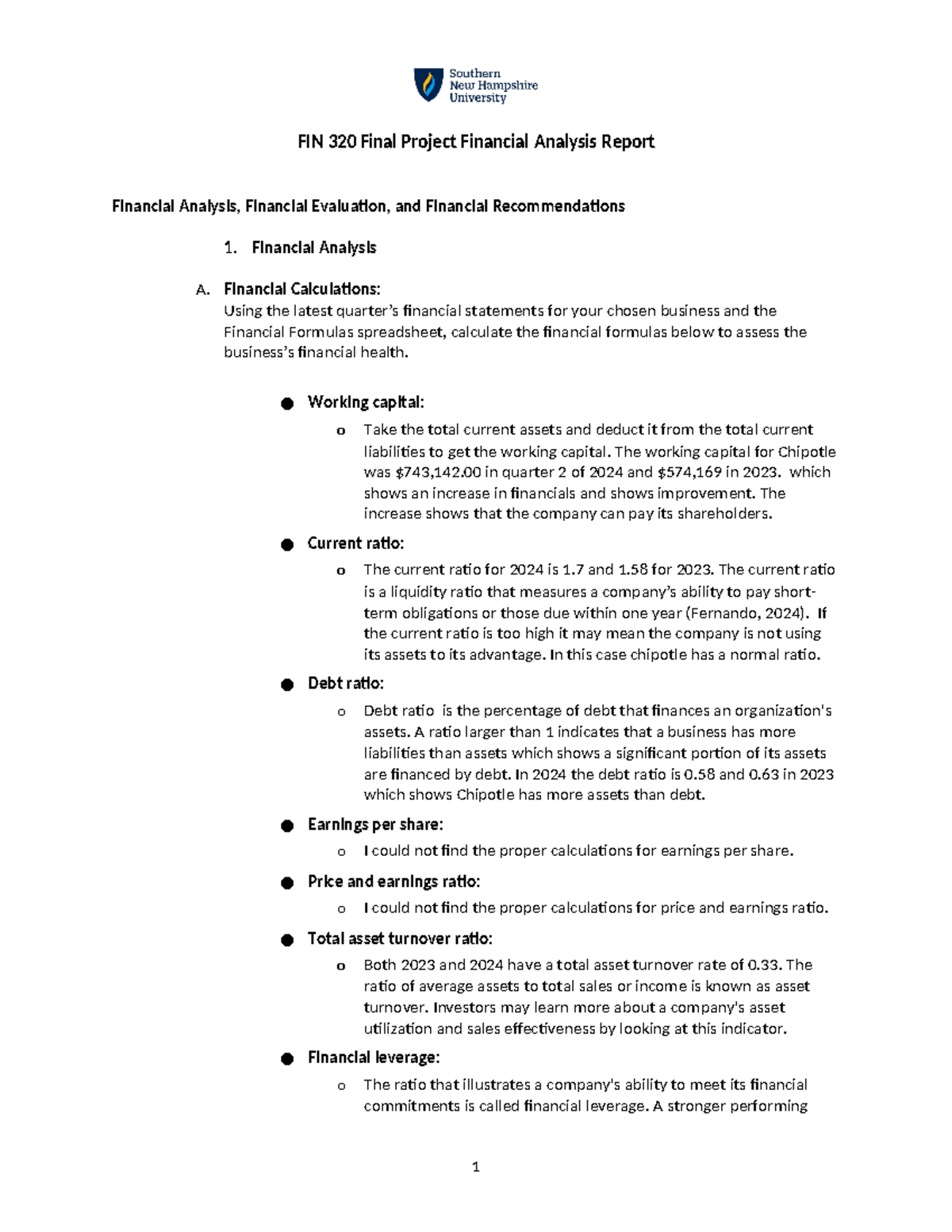 FIN 320 Final Project Financial Analysis Report - Financial Analysis A ...