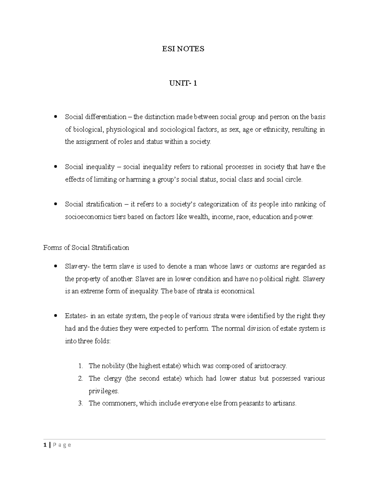 ESI Notes - no need - ESI NOTES UNIT- 1 Social differentiation – the ...