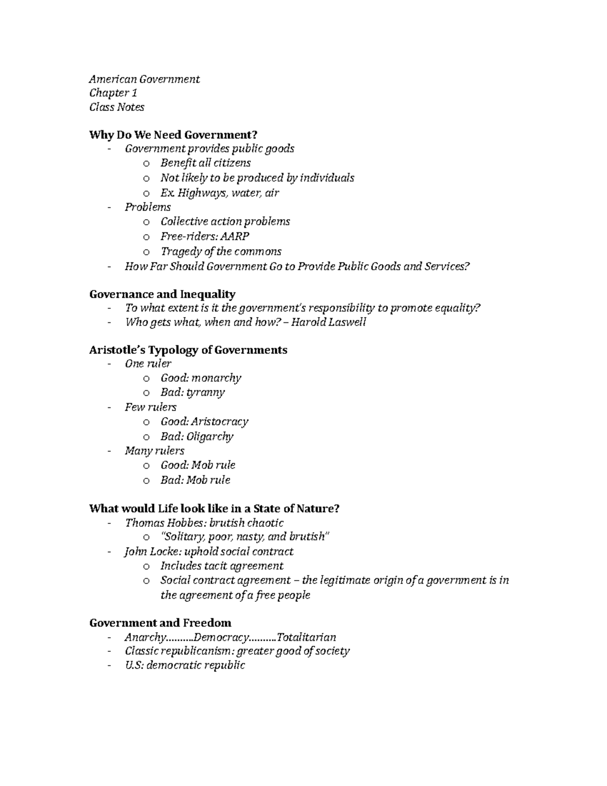 Chapter 1Class Notes - American Government Chapter 1 Class Notes Why Do ...