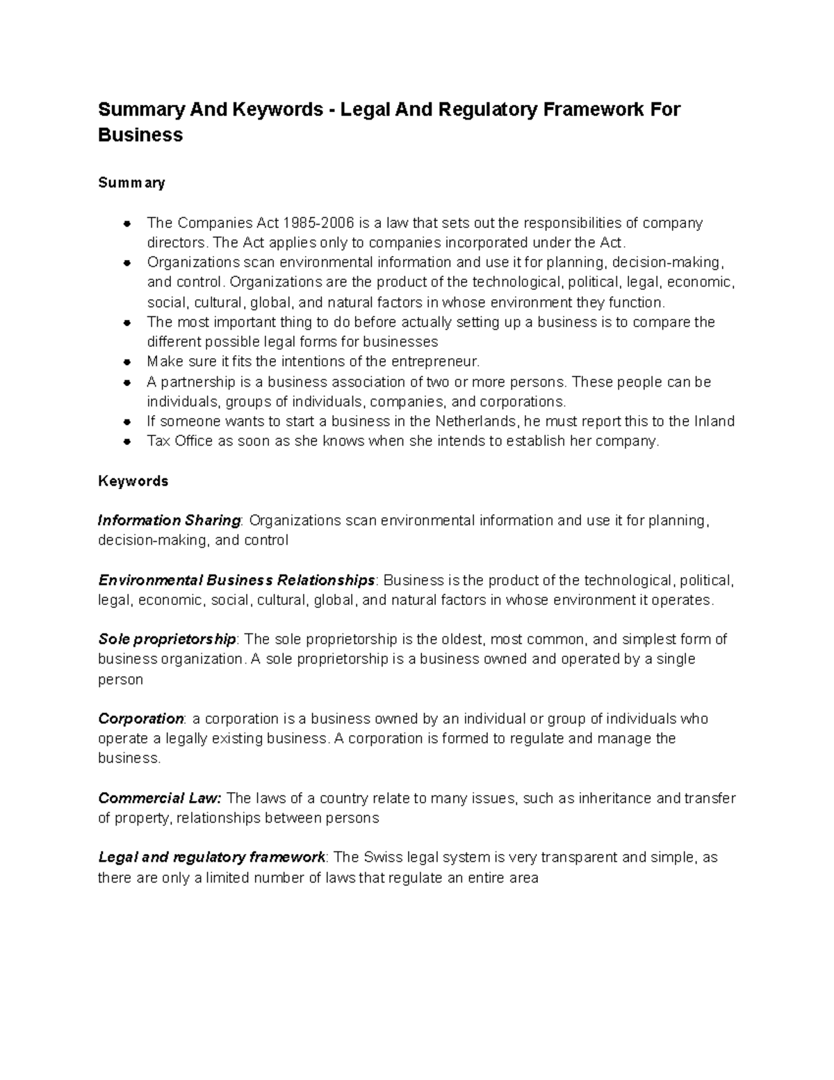 Summary And Keywords Legal And Regulatory Framework For Business