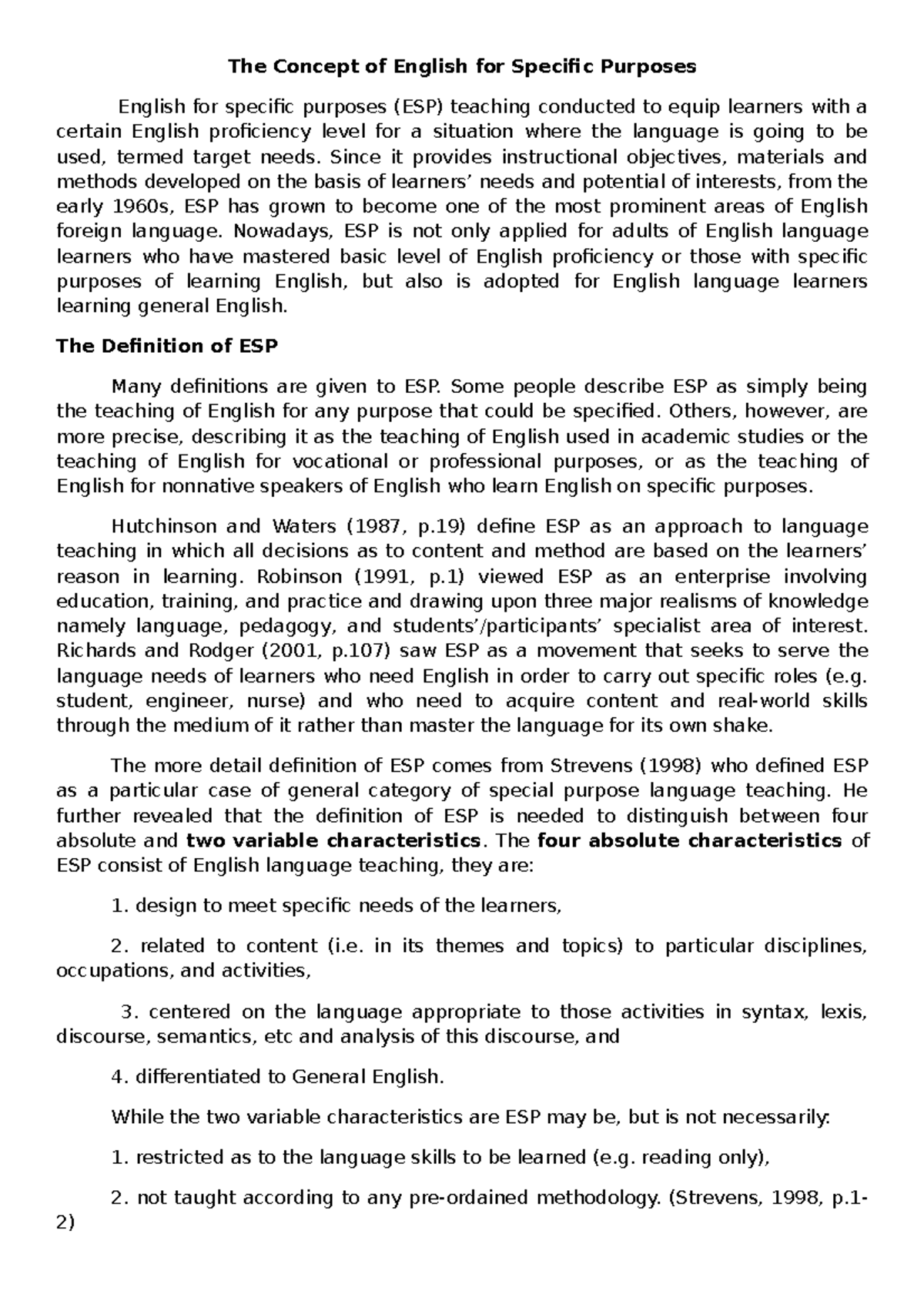 The Basic Concept of English for Specific Purposes The Concept of