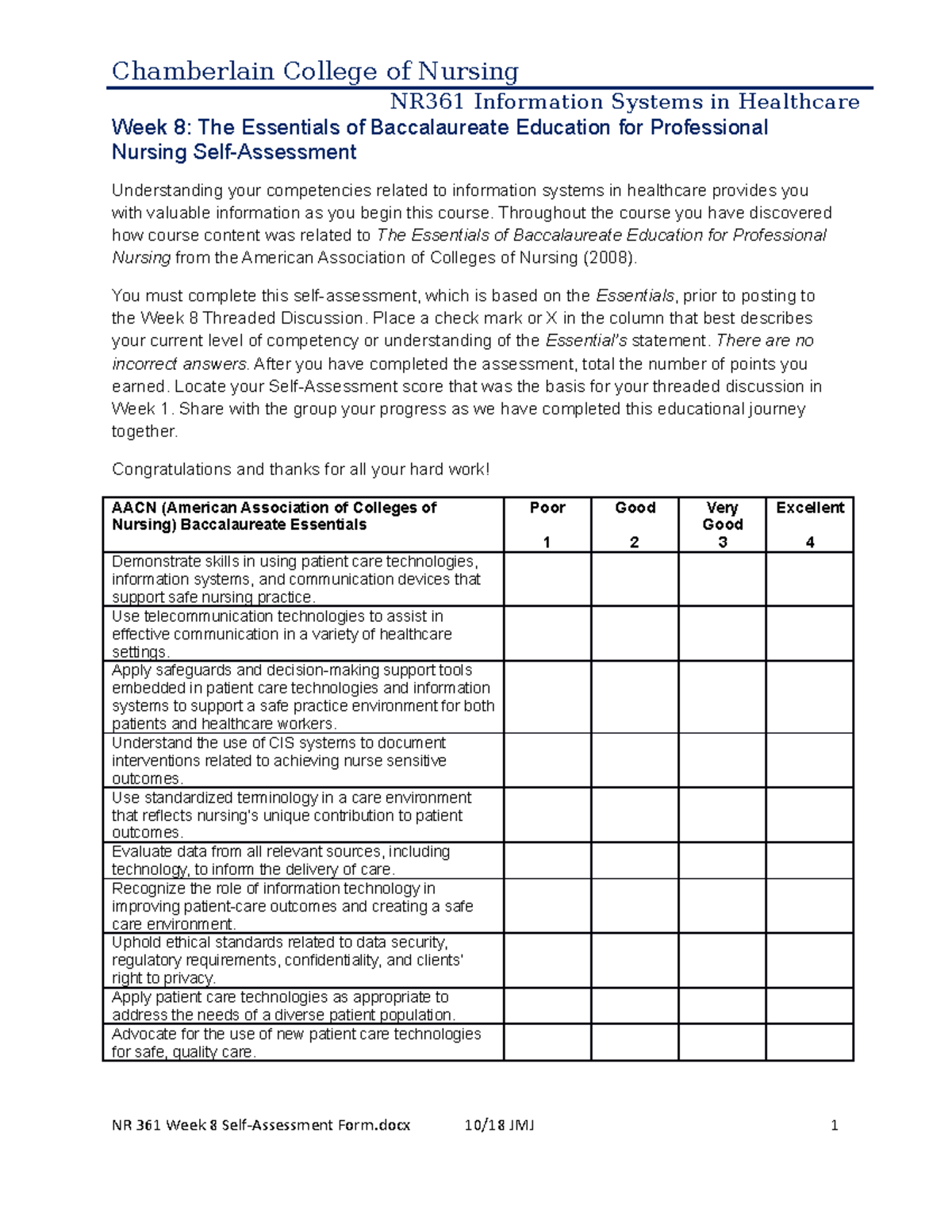 STDC NR361 W8 AACN Essentials Self-Assessmentac - Chamberlain