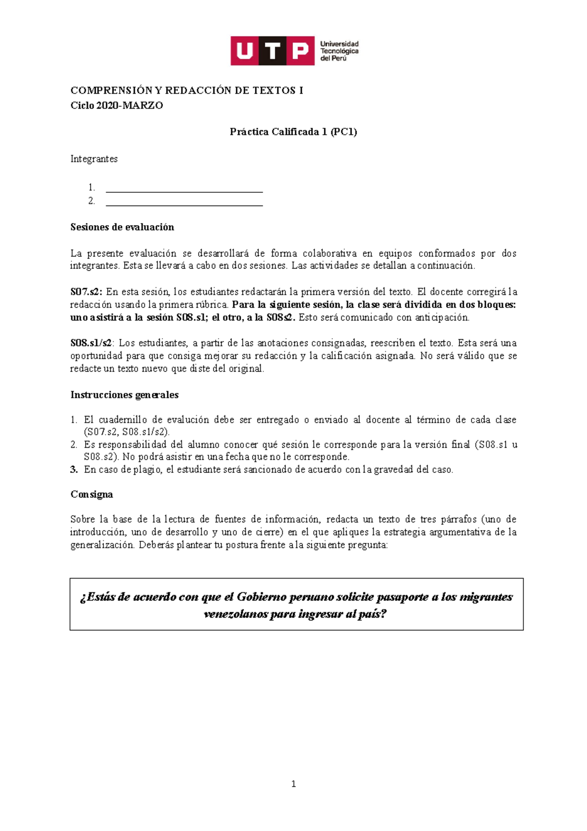 Practica Calificada 1 Comprension Y Redaccion De Textos I - COMPRENSIÓN ...