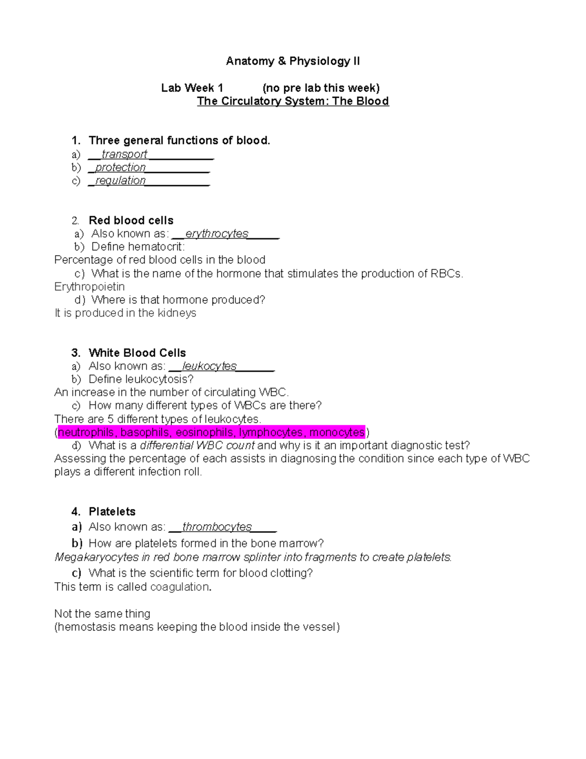 Lab- Blood - assigned lab work - Anatomy & Physiology II Lab Week 1 (no ...