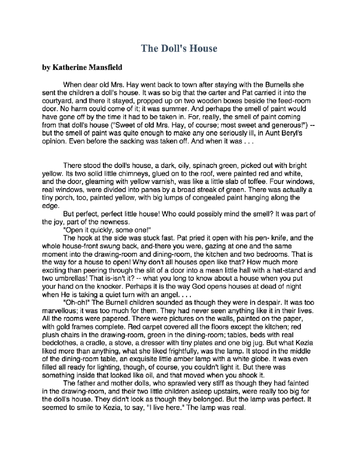 The Doll's House. by Katherine Mansfield PDF Free Download Studocu