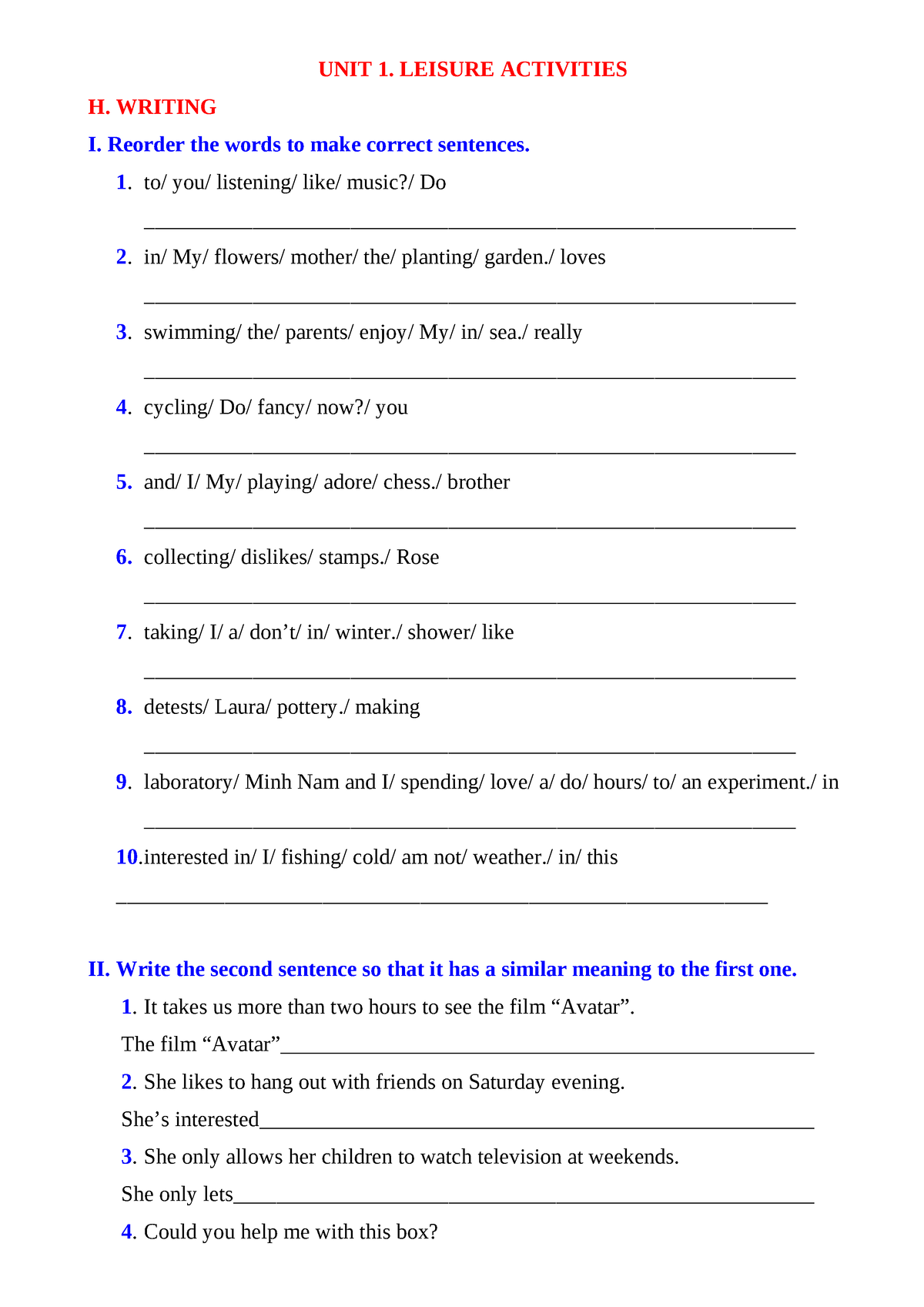 8. Writing E8 (UNIT 1-6) - UNIT 1. LEISURE ACTIVITIES H. WRITING I ...