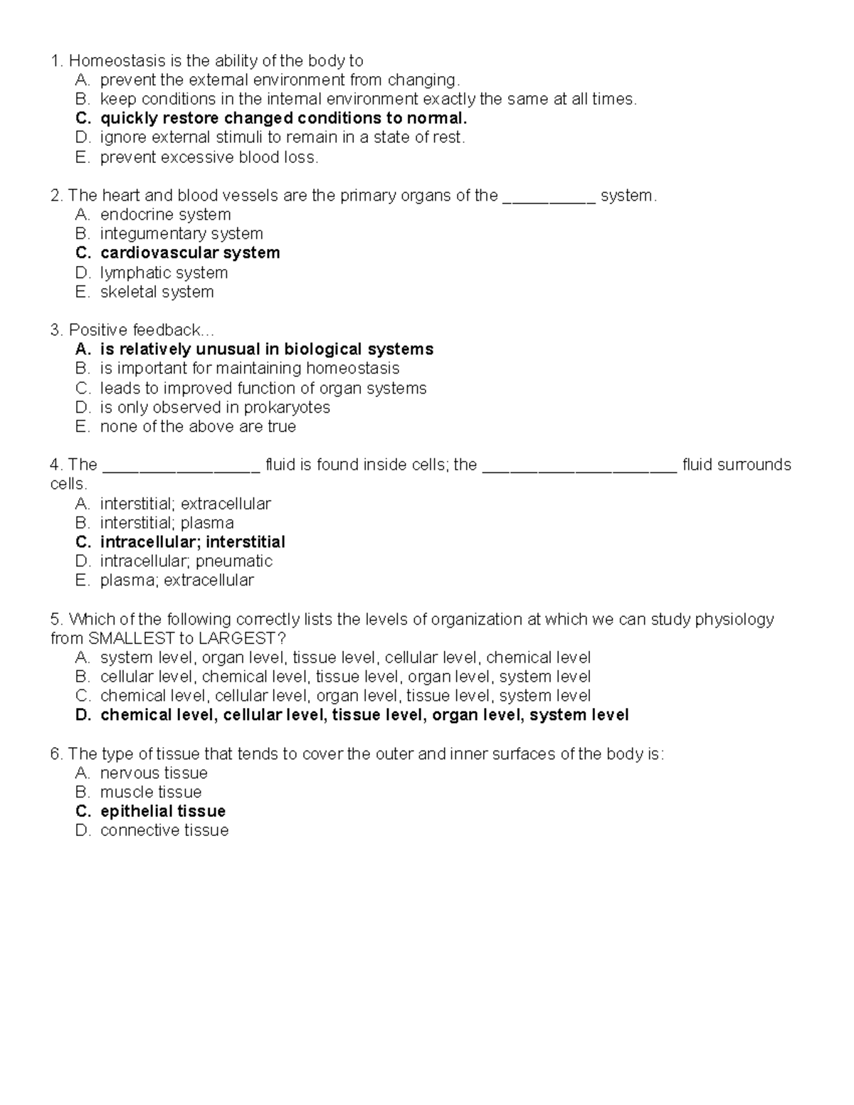 Exam 1 - Homeostasis Practice questions with answers - Homeostasis is ...