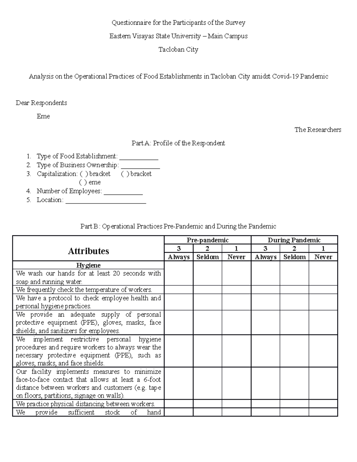 Questionnaire partial - Questionnaire for the Participants of the ...