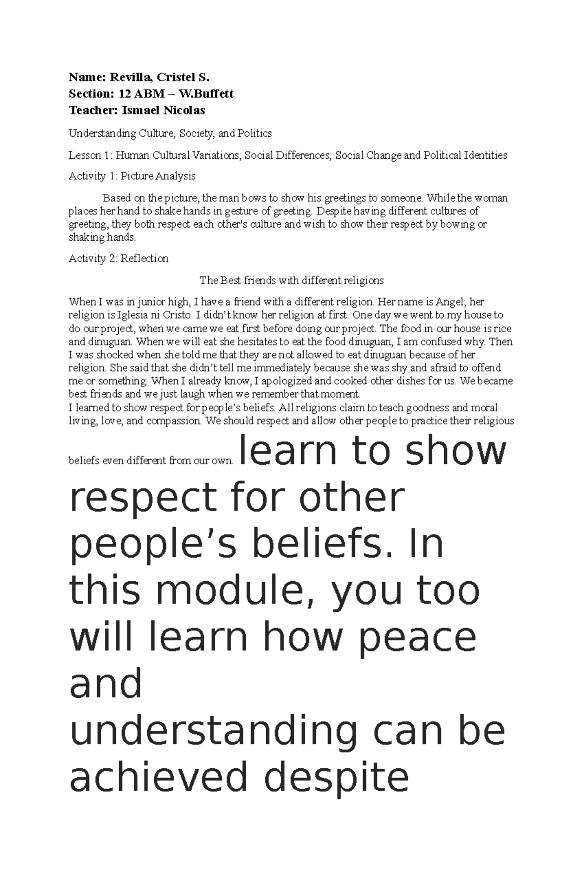 Revilla UCSP - Understanding CUlture, Society and Politics - Name ...