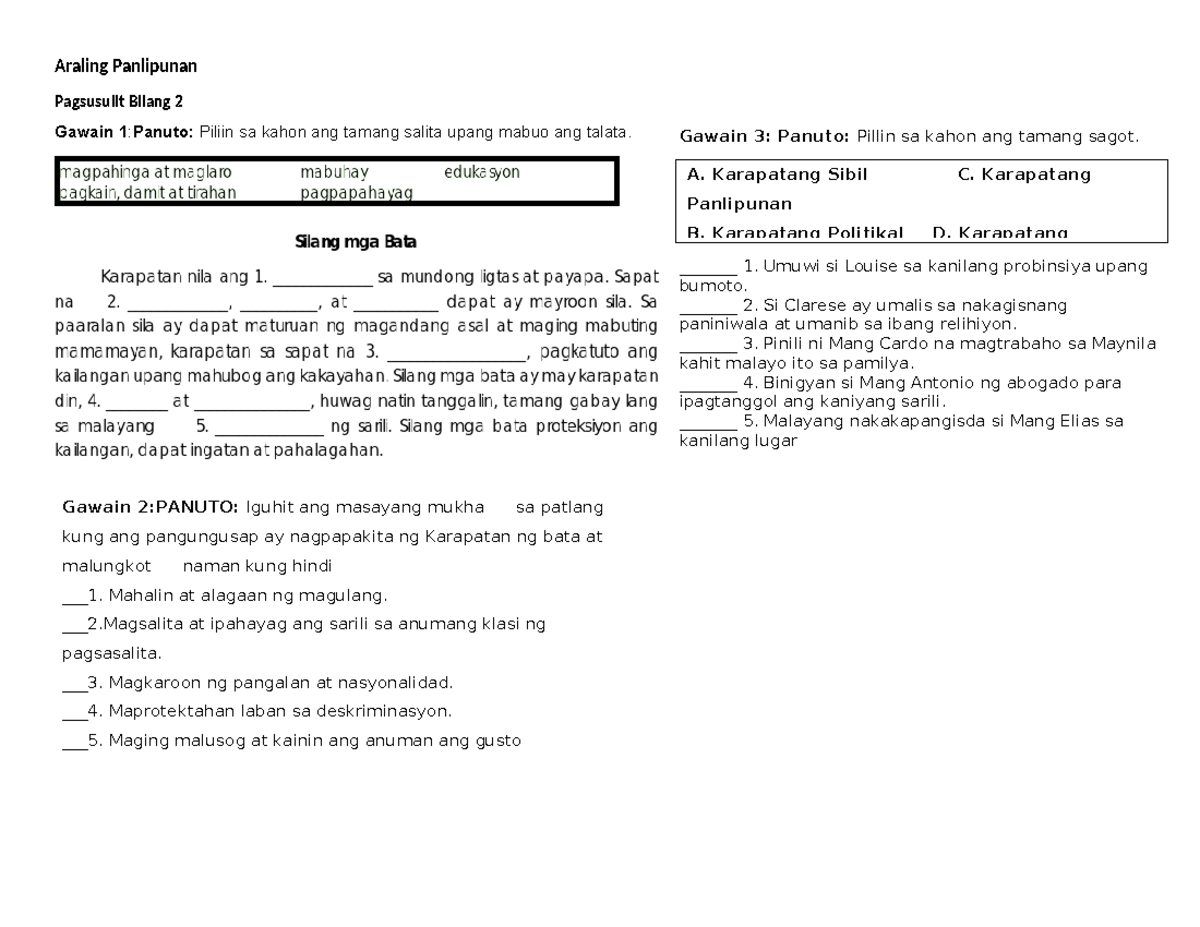 AP - quiz - Araling Panlipunan Pagsusulit Bilang 2 Gawain 2:PANUTO ...