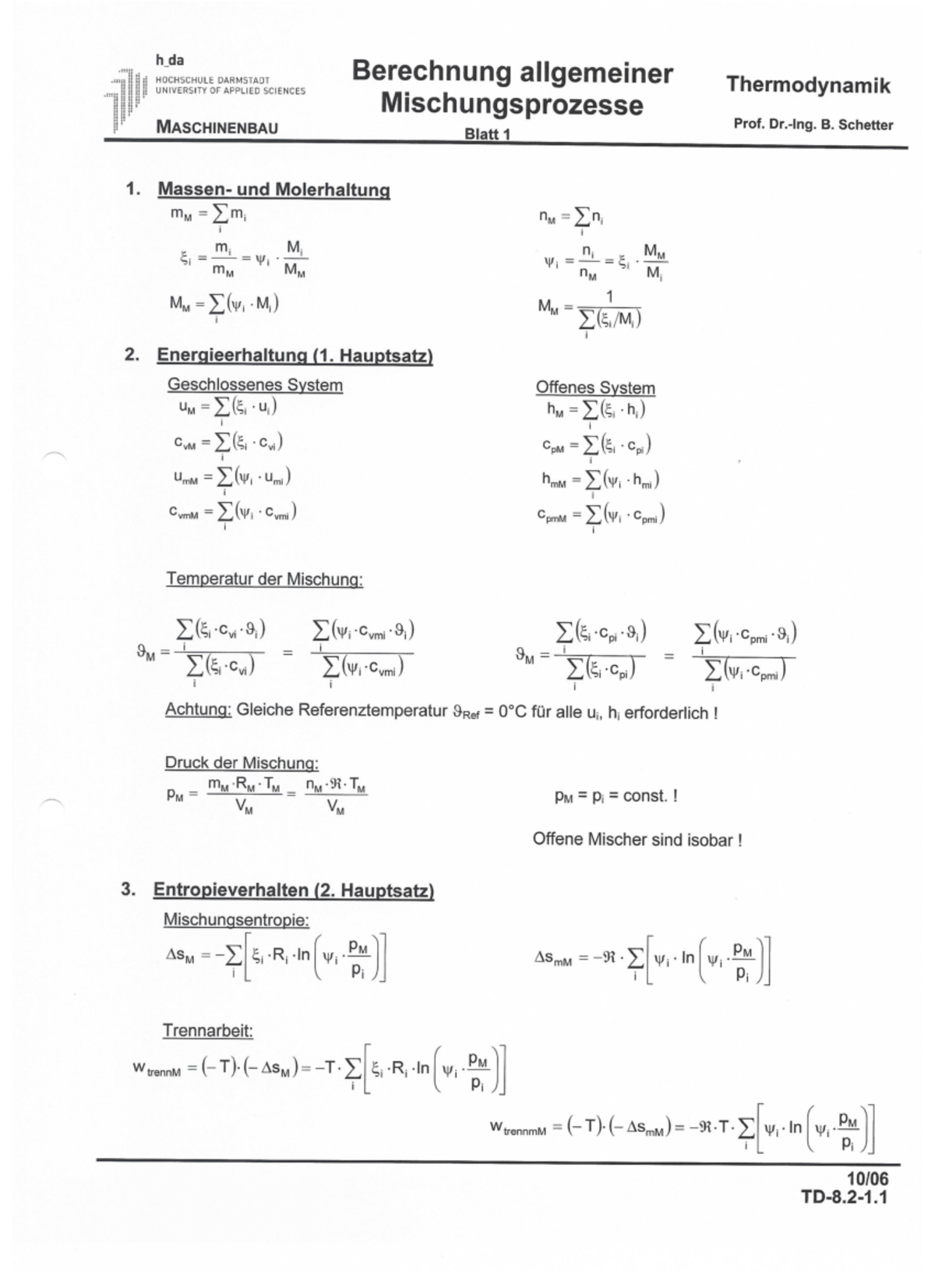 TD2 Formelsammlung - TD2 - 9. Mischung Idealer Gase 9. Beschreibung Von ...