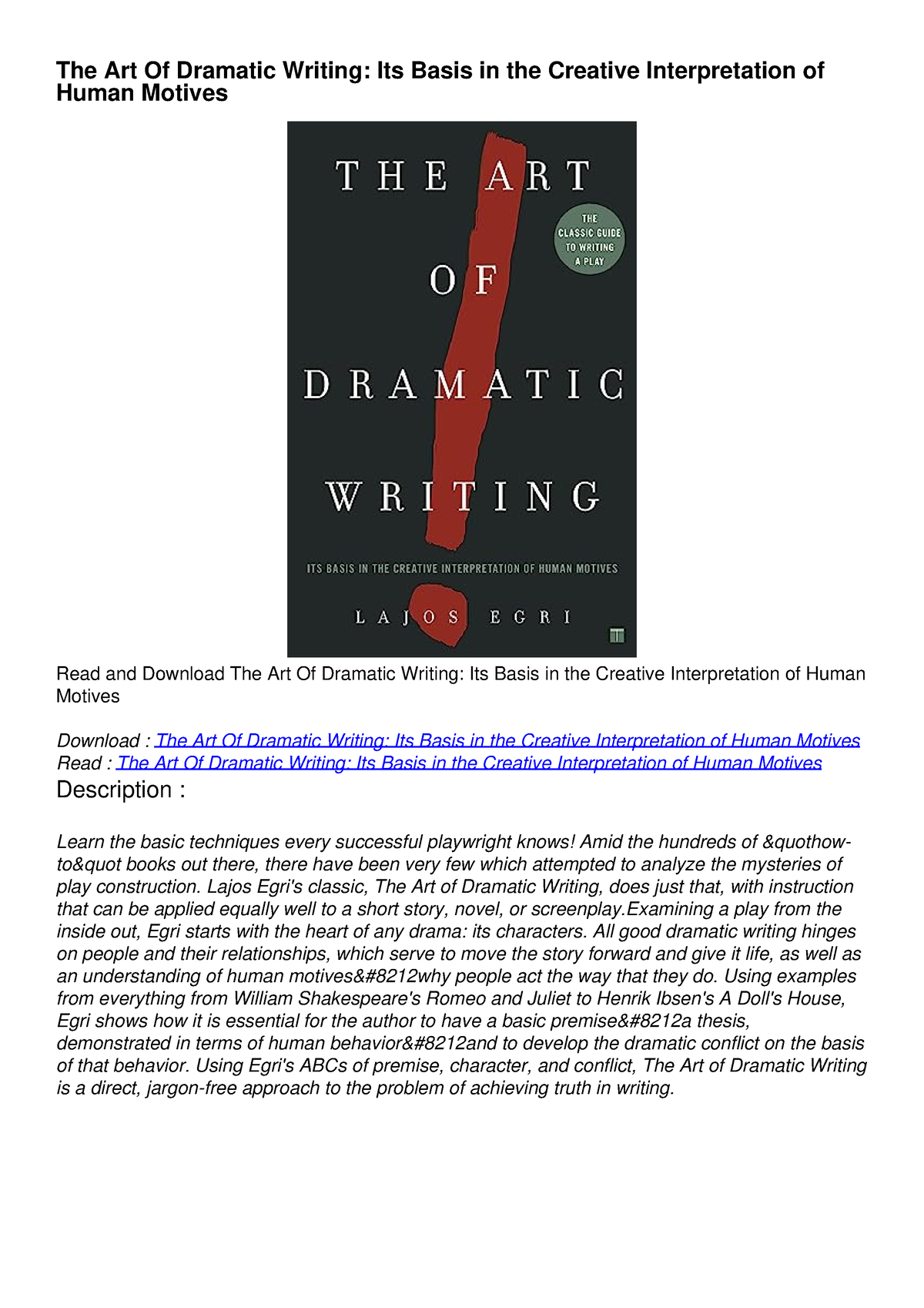 PDF The Art Of Dramatic Writing: Its Basis In The Creative ...