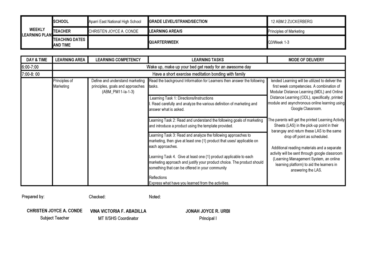 POM WHLP - Marketing - SCHOOL Aparri East National High School GRADE ...