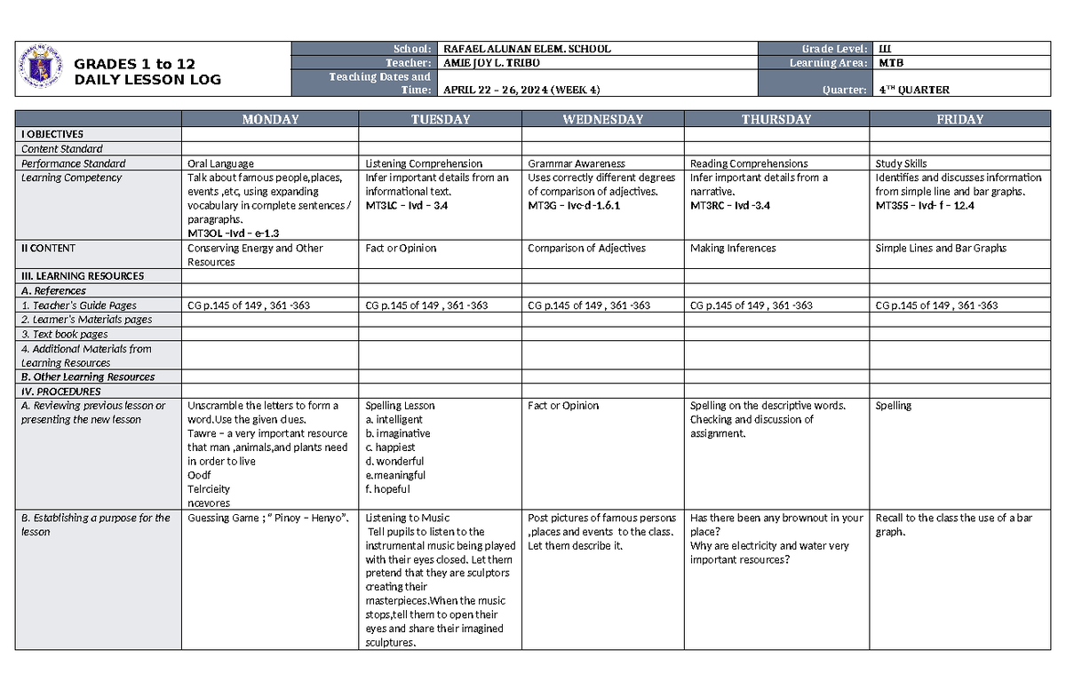 DLL MTB 3 Q4 W4 - none - GRADES 1 to 12 DAILY LESSON LOG School: RAFAEL ...