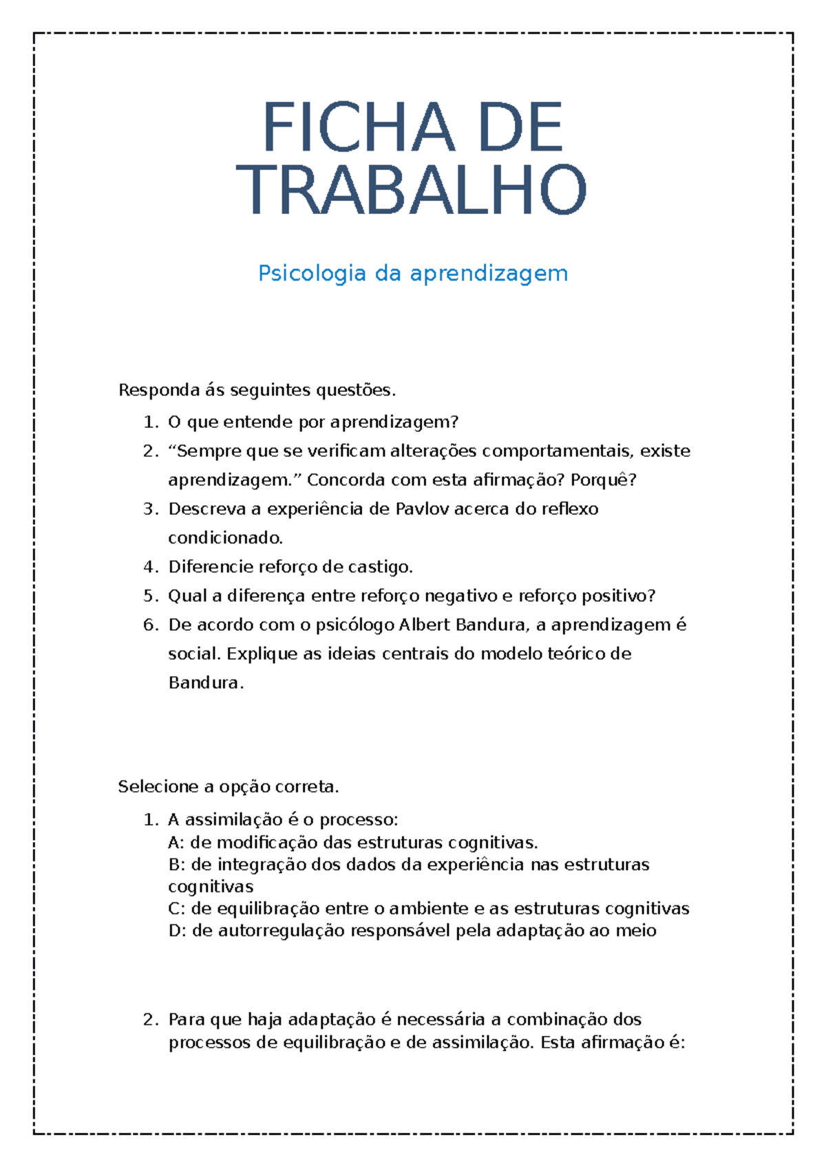 Ficha De Trabalho - FICHA DE TRABALHO Psicologia Da Aprendizagem ...