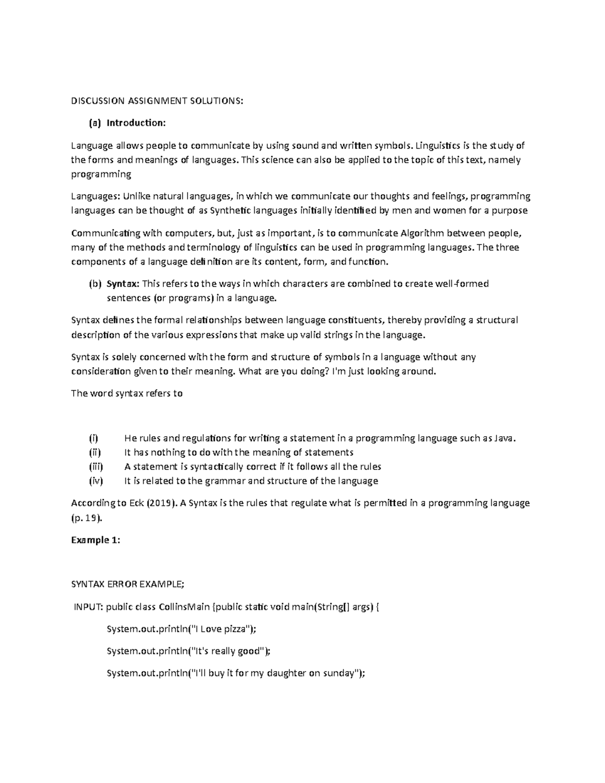 Java discussion class 1 - DISCUSSION ASSIGNMENT SOLUTIONS: (a ...