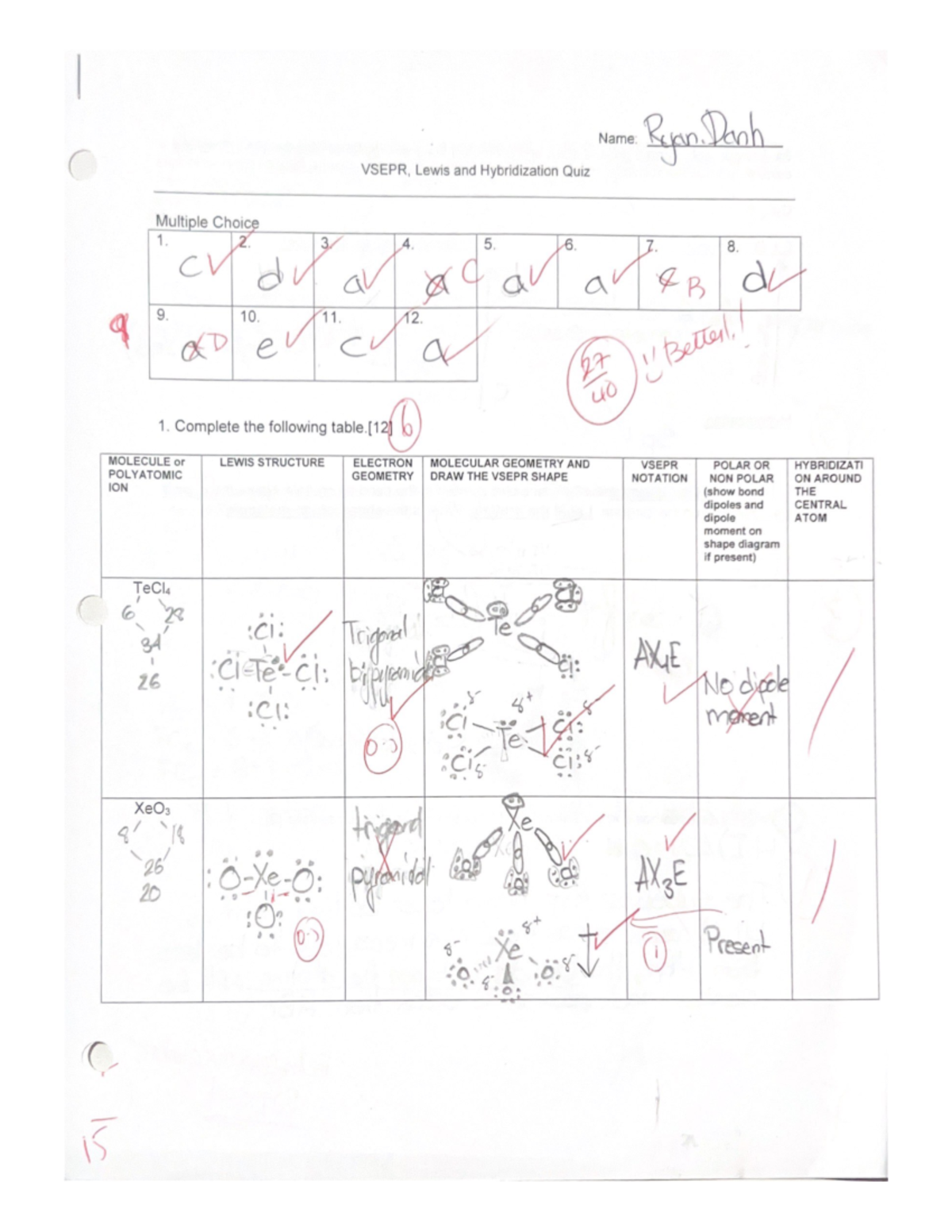 Vsepr, Lewis and Hybridization Quiz Studocu
