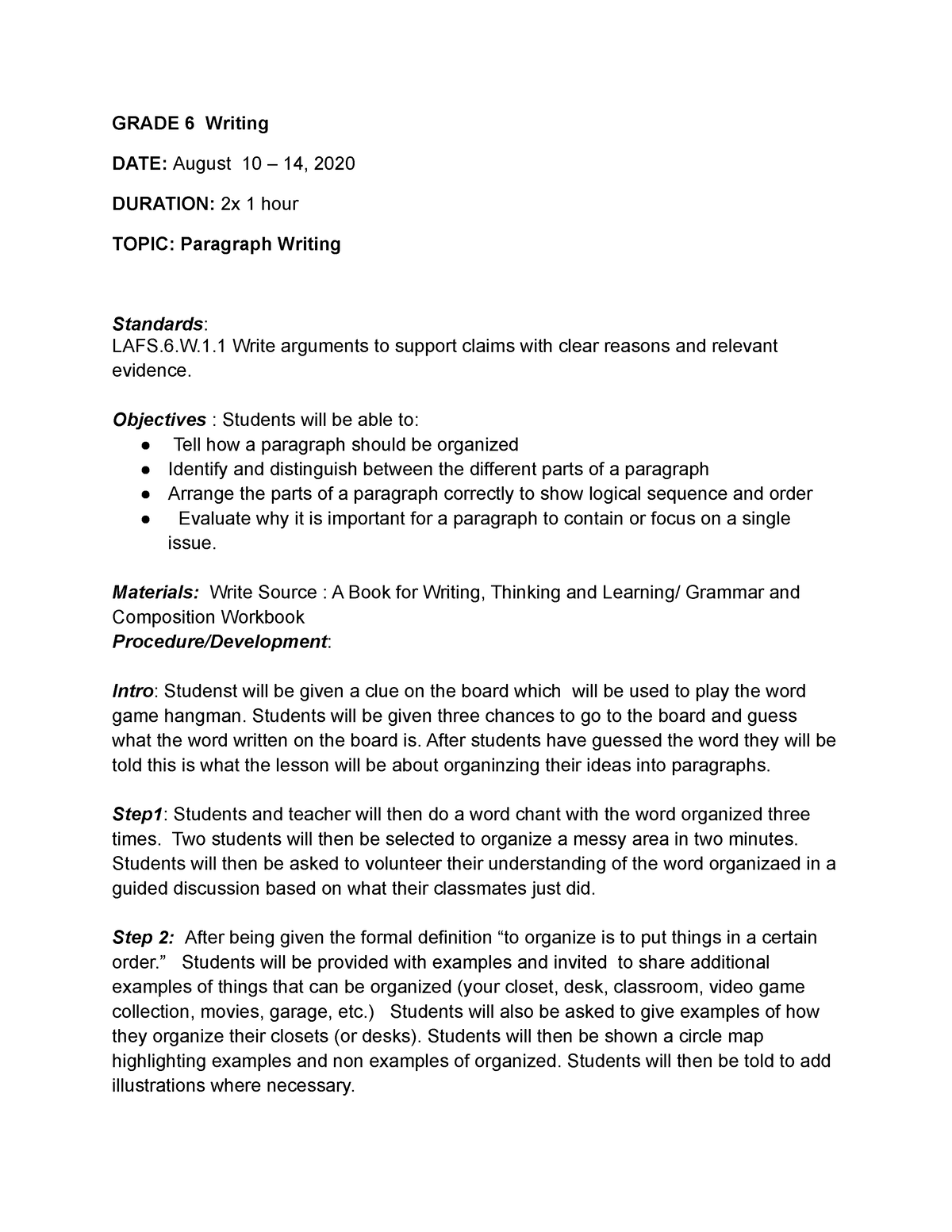 essay writing lesson plan grade 6