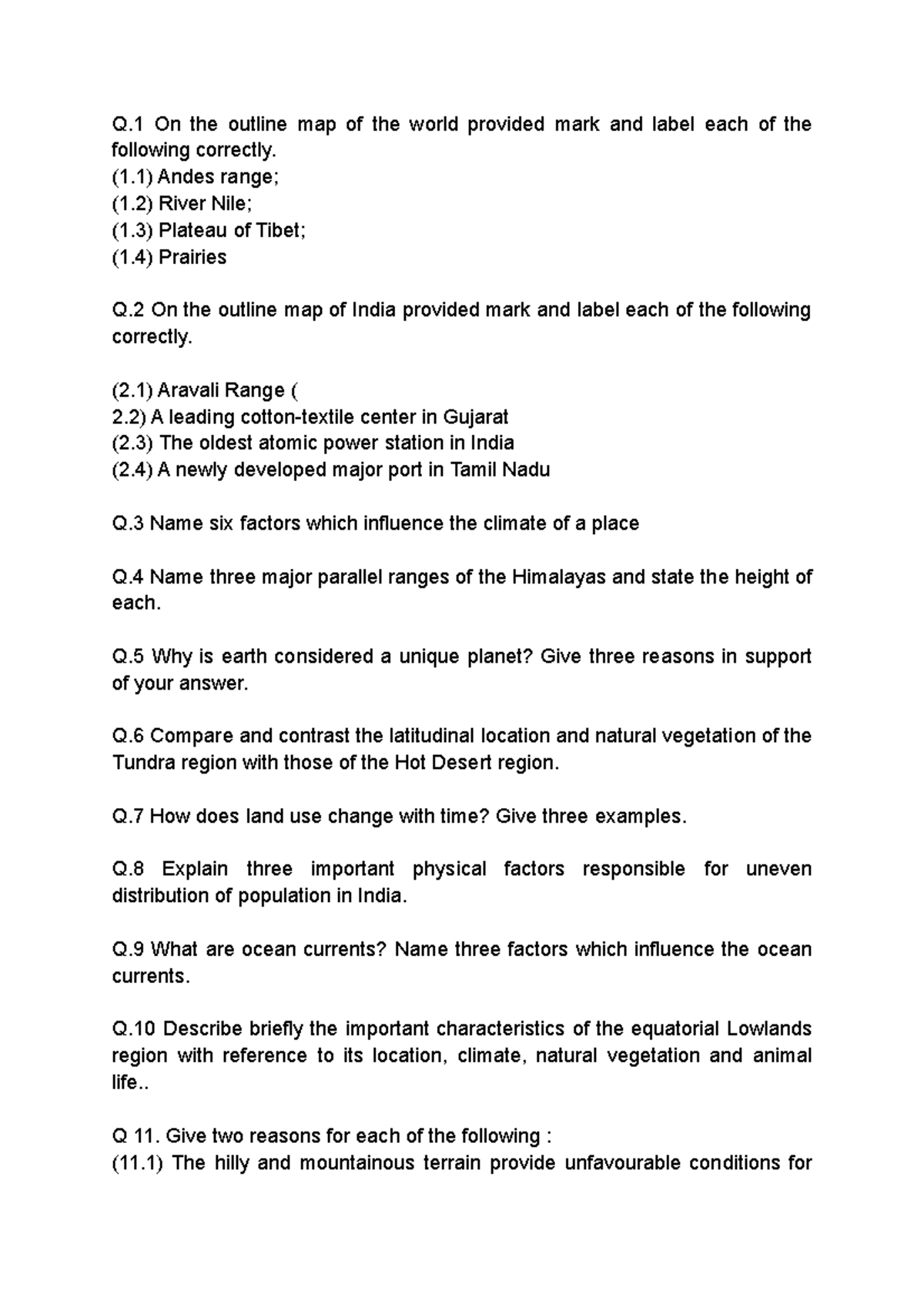 3 Mark question for geography for tourism Q On the outline map of the