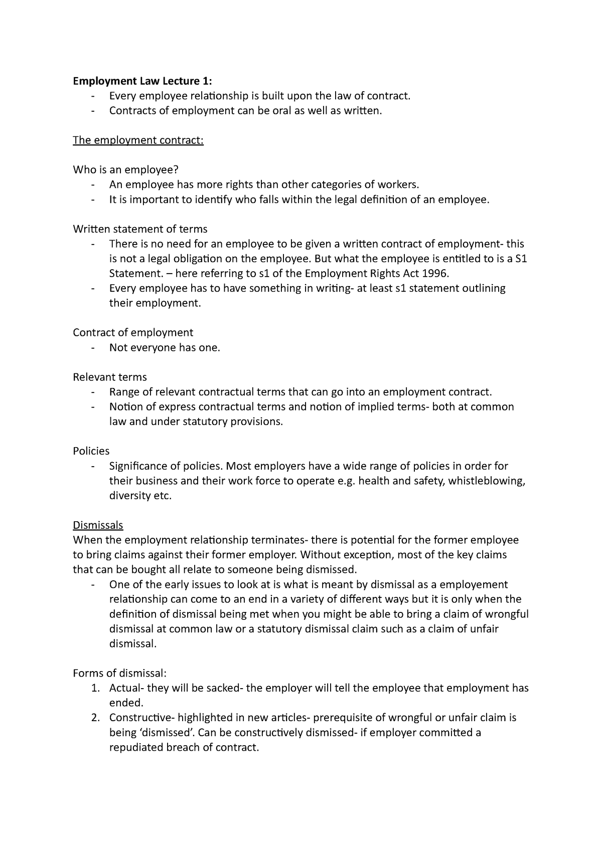 Employment Law Lecture 1 Contracts Of Employment Can Be Oral As Well As Written The 