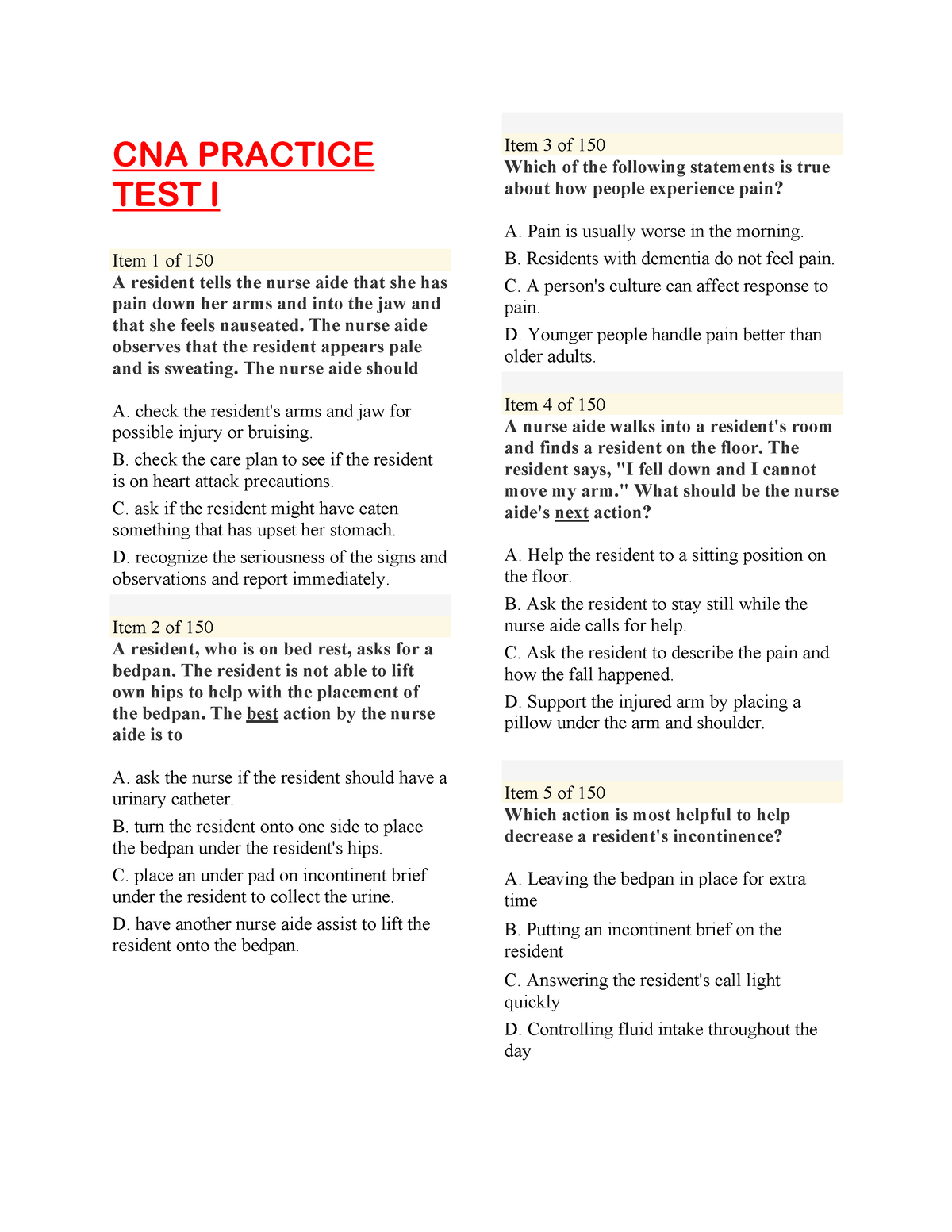 practice cna test questions quizlet