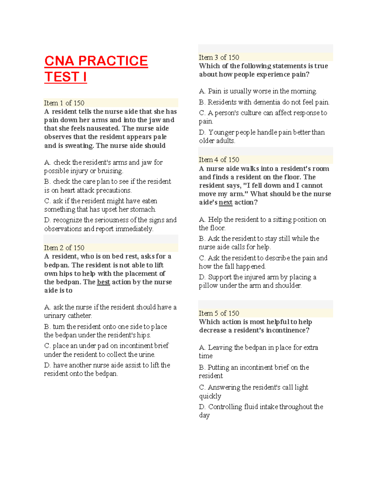 CNA Practice Pdf 525 Q A CNA PRACTICE TEST I Item 1 Of 150 A Resident Tells The Nurse Aide