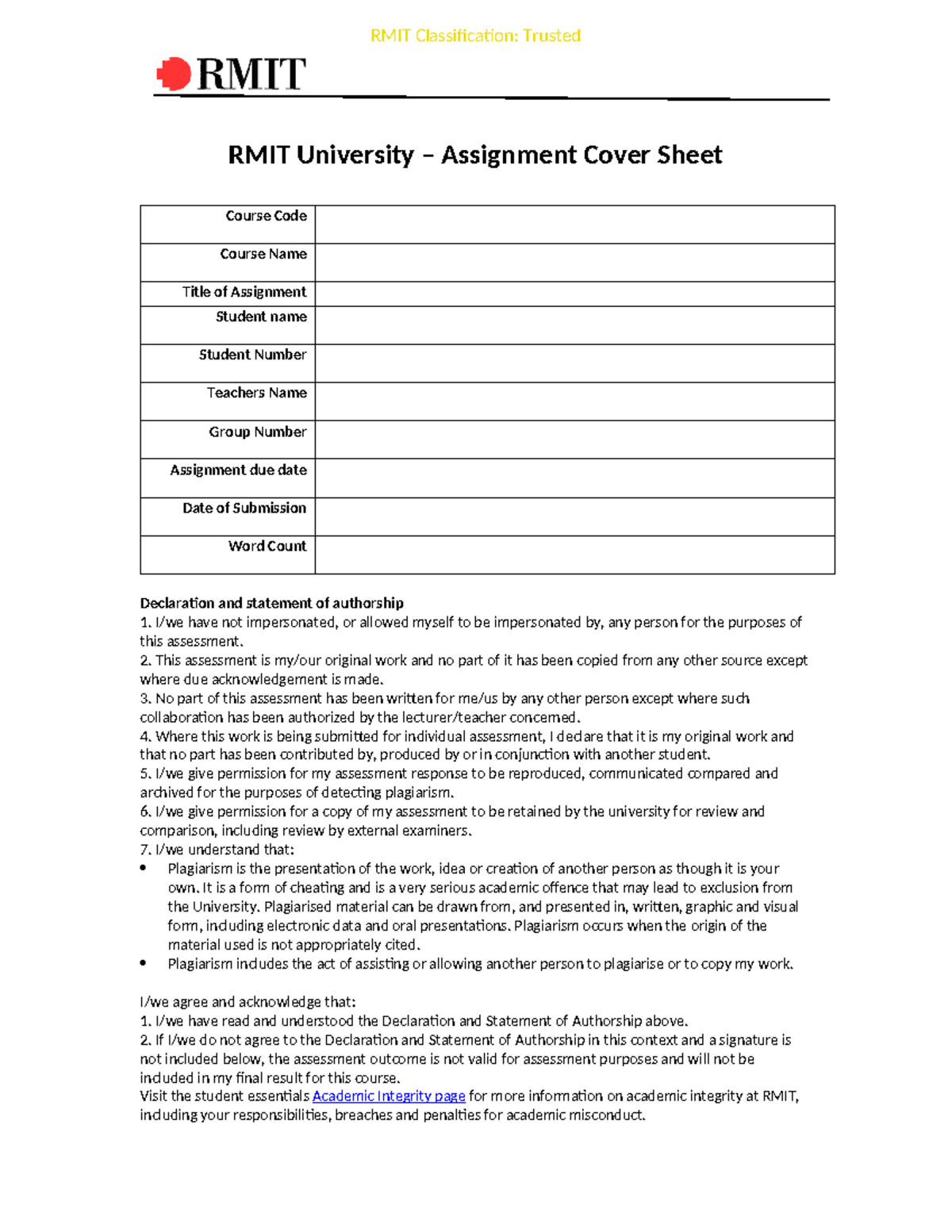 MKTG1205 Assignment Cover Sheet - RMIT Classification: Trusted RMIT ...