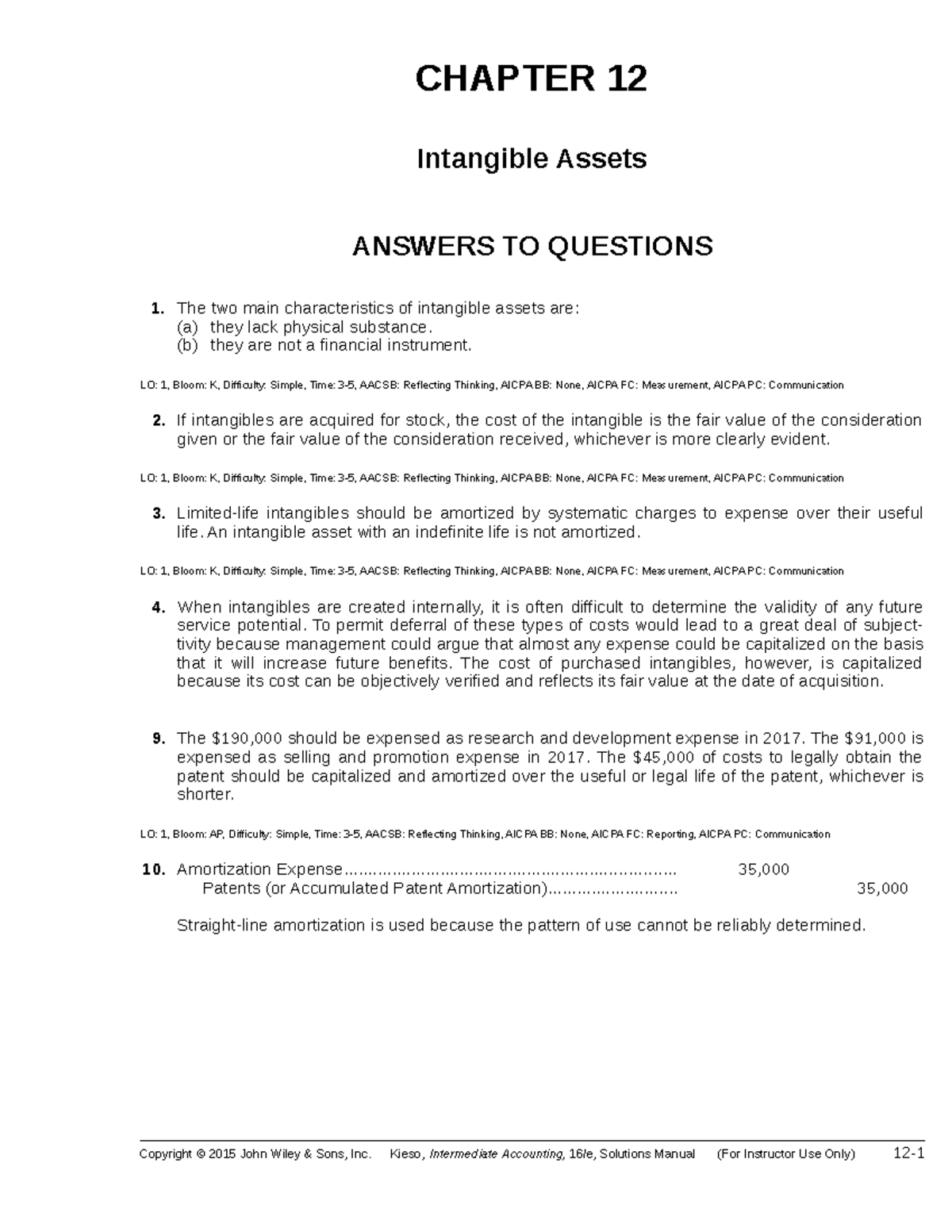 Chapter 12 Homework - CHAPTER 12 Intangible Assets ANSWERS TO QUESTIONS ...