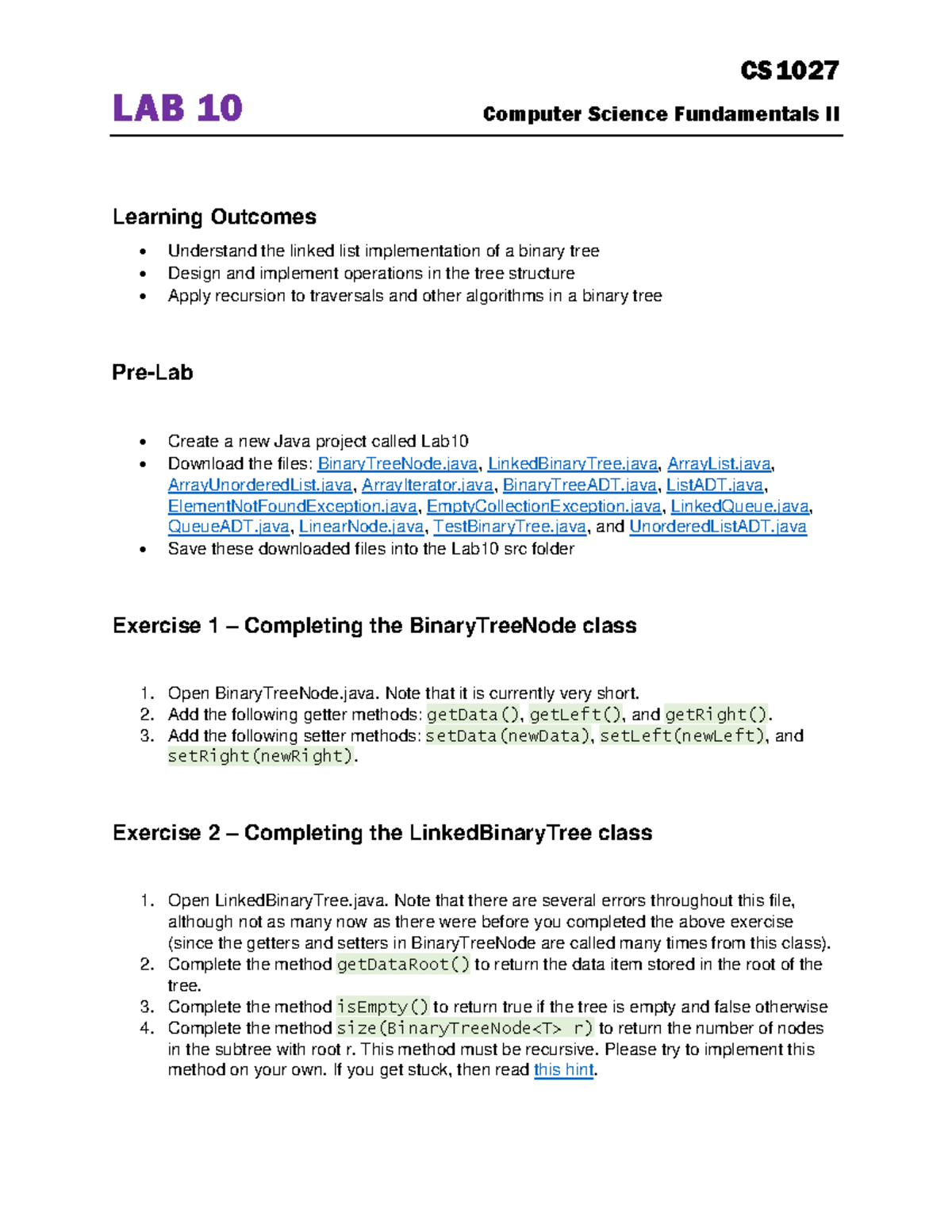 Lab10 - Lab 10 - CS LAB 10 Computer Science Fundamentals II Learning ...