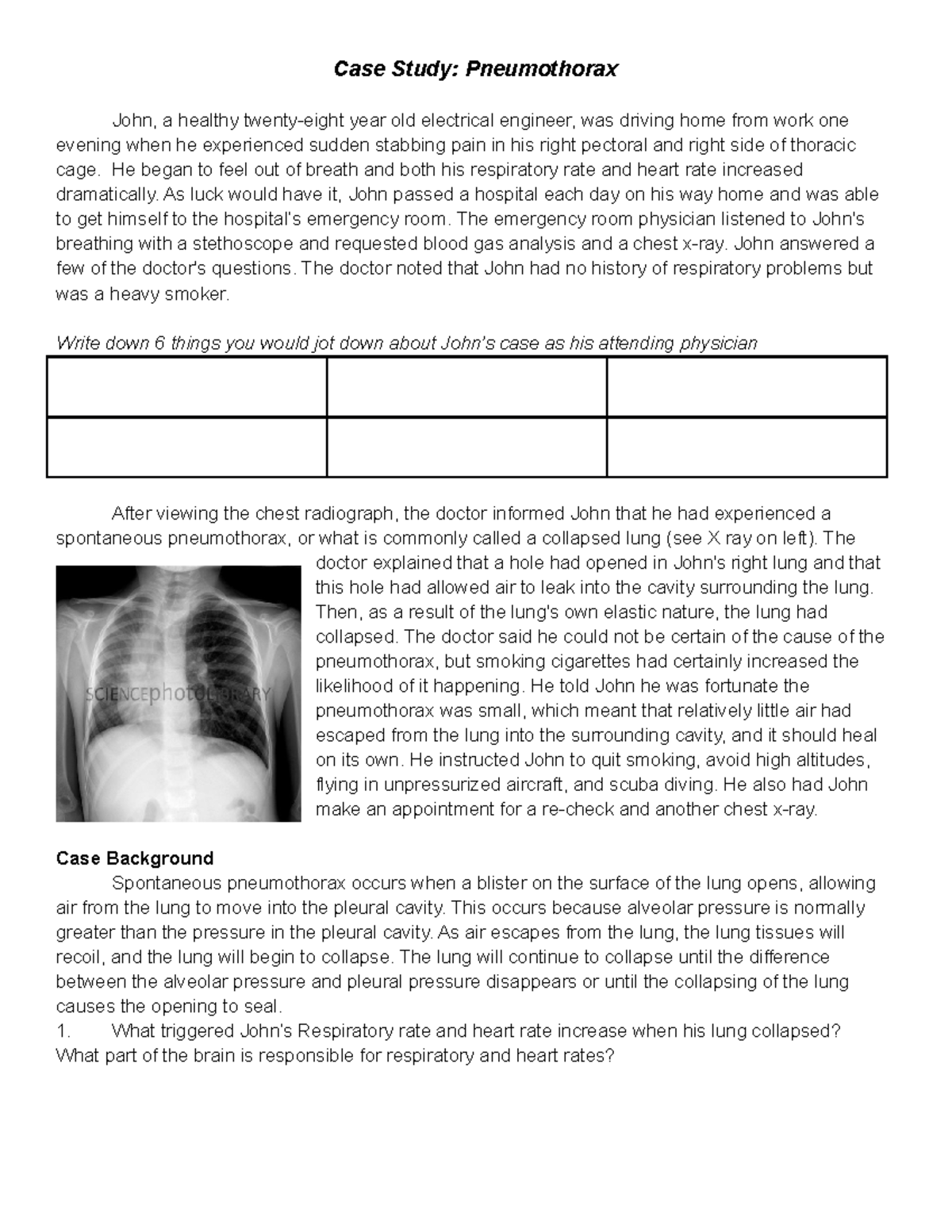 case study example pneumothorax