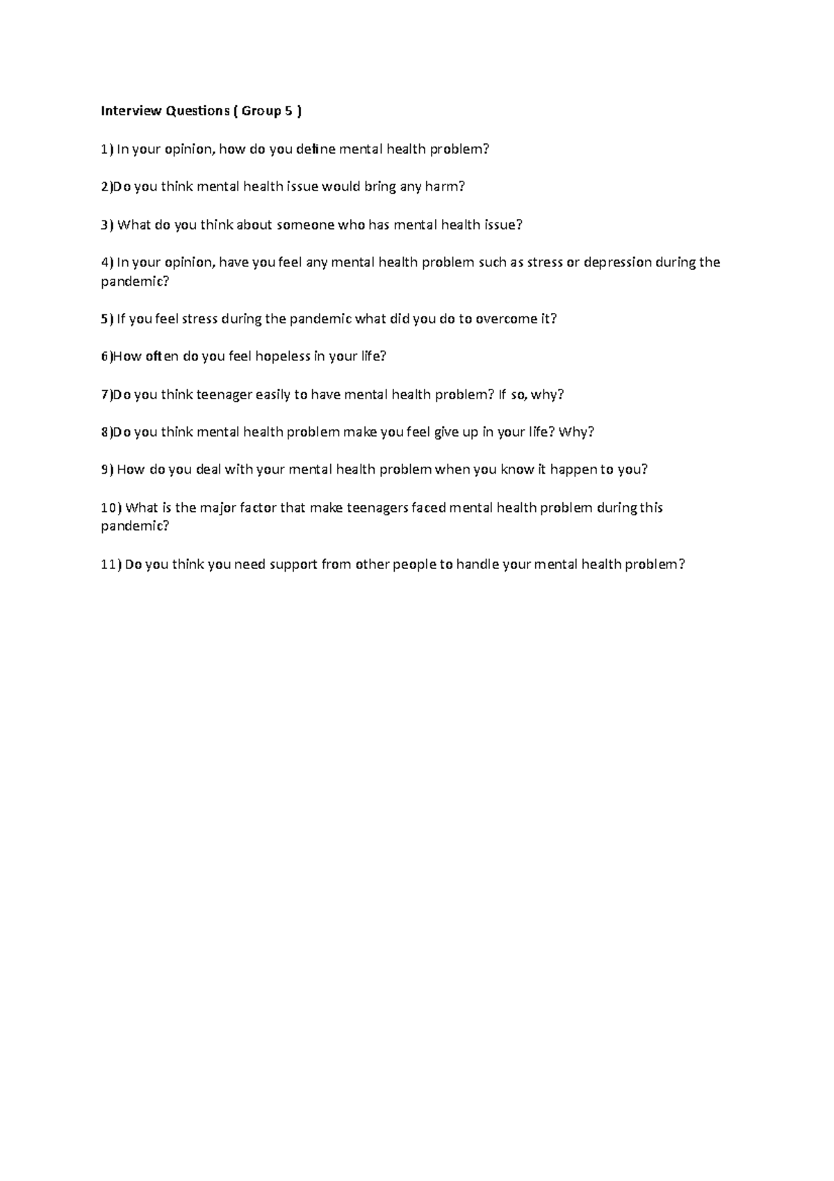 Interview questions for ssshnsbs ajahsh - Interview Questions ( Group 5 ...