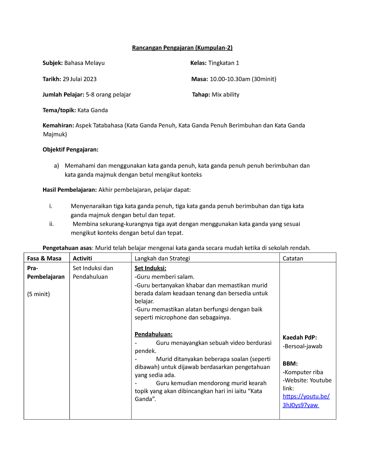 Lesson PLAN-BM-2 - Rancangan Pengajaran (Kumpulan-2) Subjek: Bahasa ...