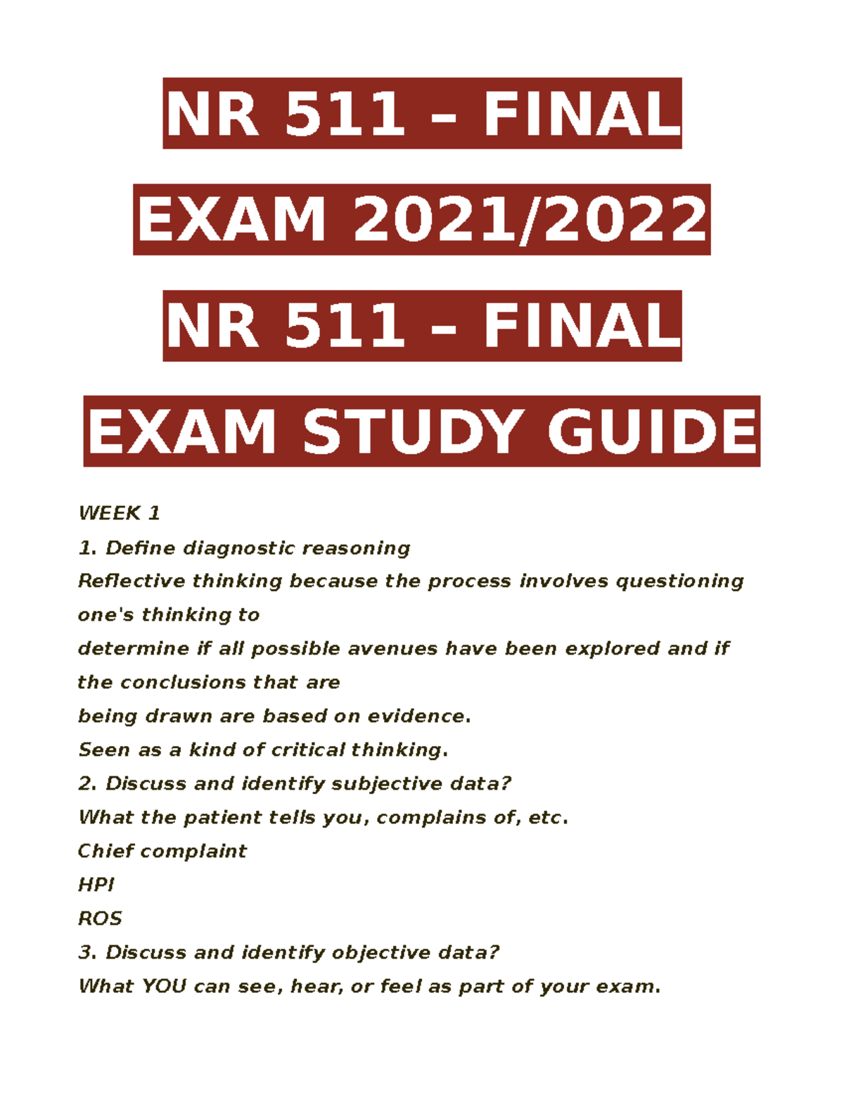 NR 511 – Final Exam Study Guide 2021-2022 - NR 511 – FINAL EXAM 2021 ...