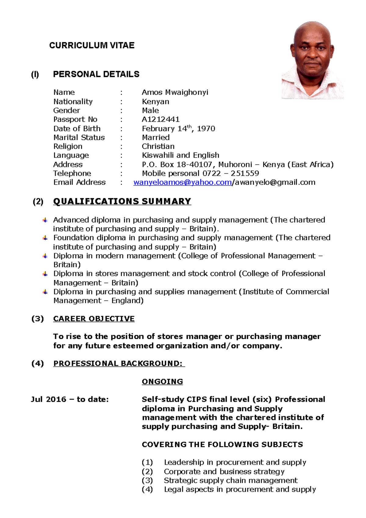 Amos cv3 - My graduation 2019 - CURRICULUM VITAE (I) PERSONAL DETAILS ...