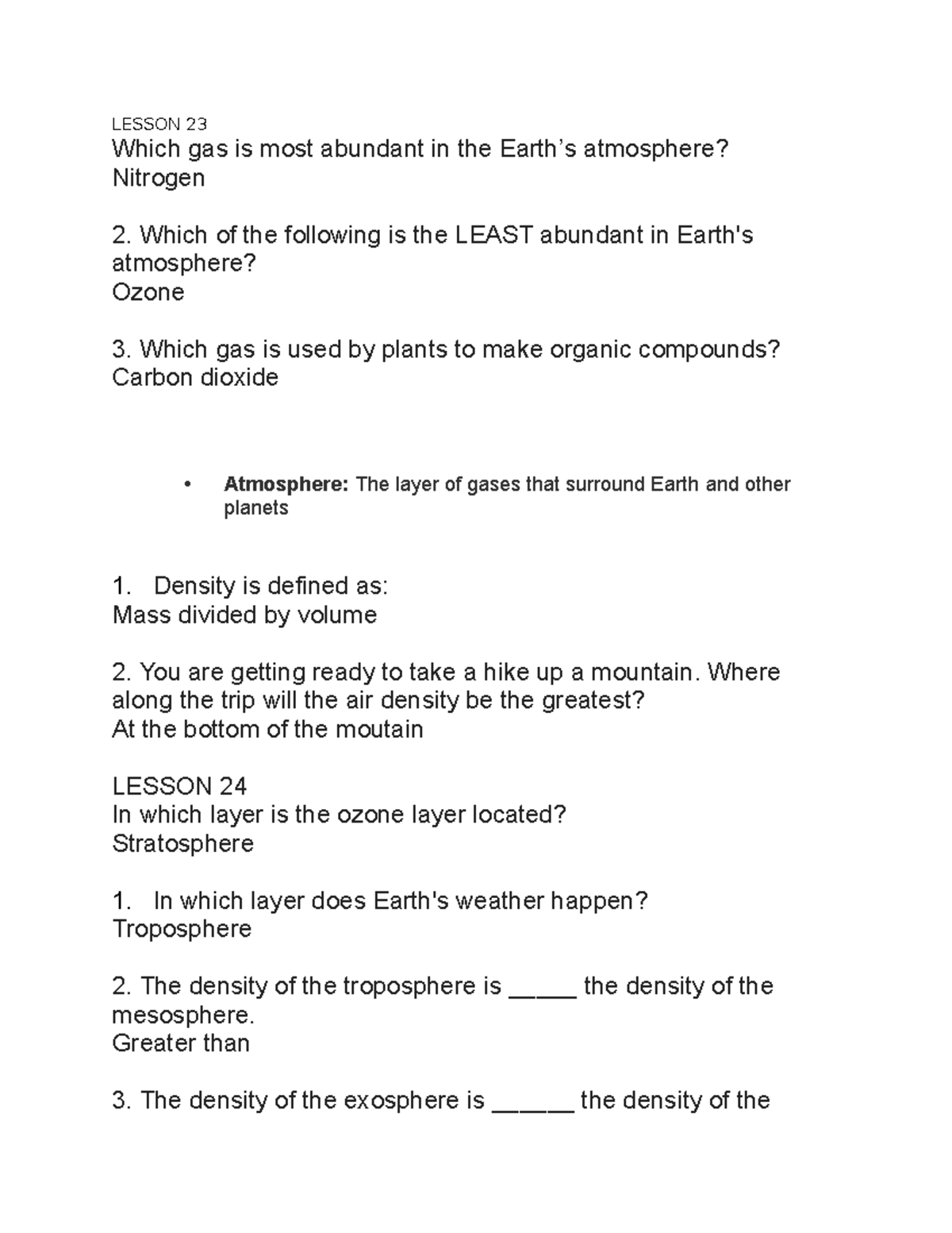 Earth and sky lesson 23- 25 - LESSON 23 Which gas is most abundant in ...