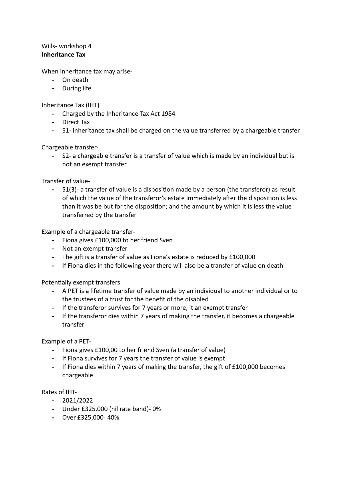 Wills Workshop 4 Inheritance Tax Lbu Studocu
