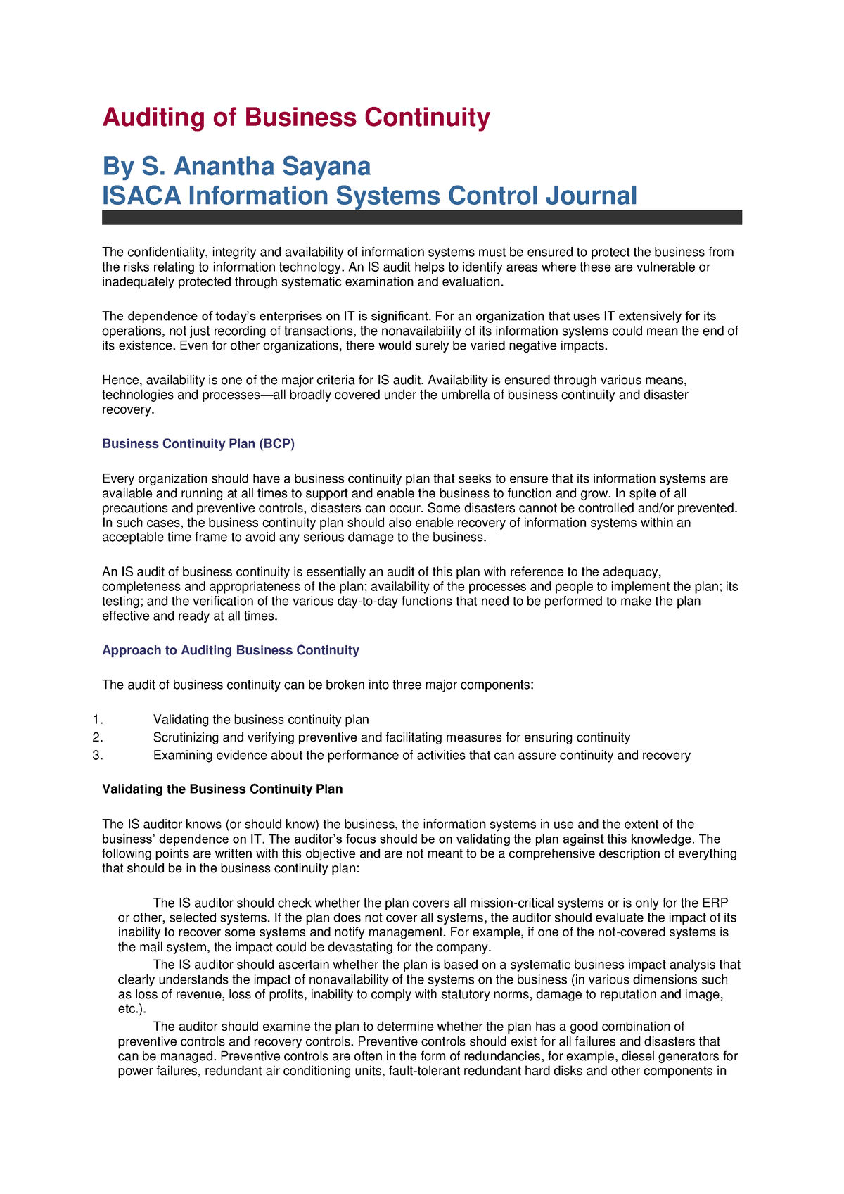 COMP1431 Article - Isaca Auditing Business Continuity 2019 20 ...