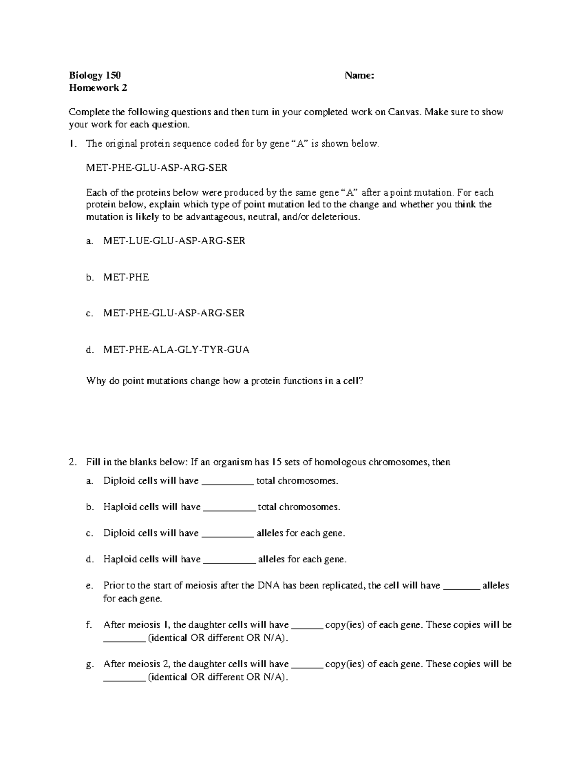 Homework15-0839 - Biology 150 Name: Homework 2 Complete The Following ...