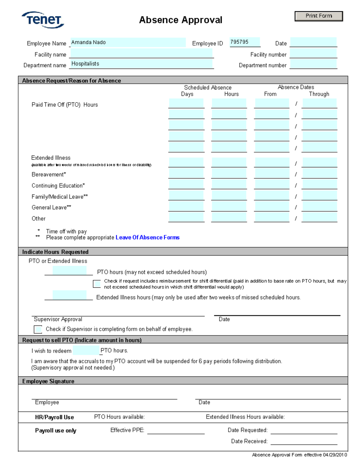 PTO Absence Approval Form - Absence Approval Employee Name Employee ID ...