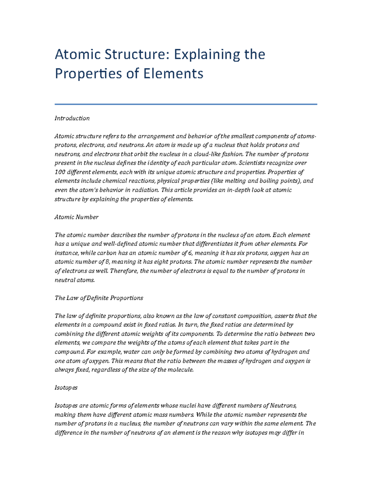 Atomic Structure Explaining the Properties of Elements - Atomic ...