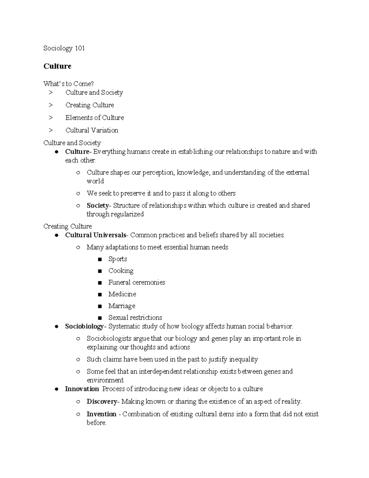 SOC 101 Ch.3 Culture Outline - Sociology 101 Culture What’s to Come ...