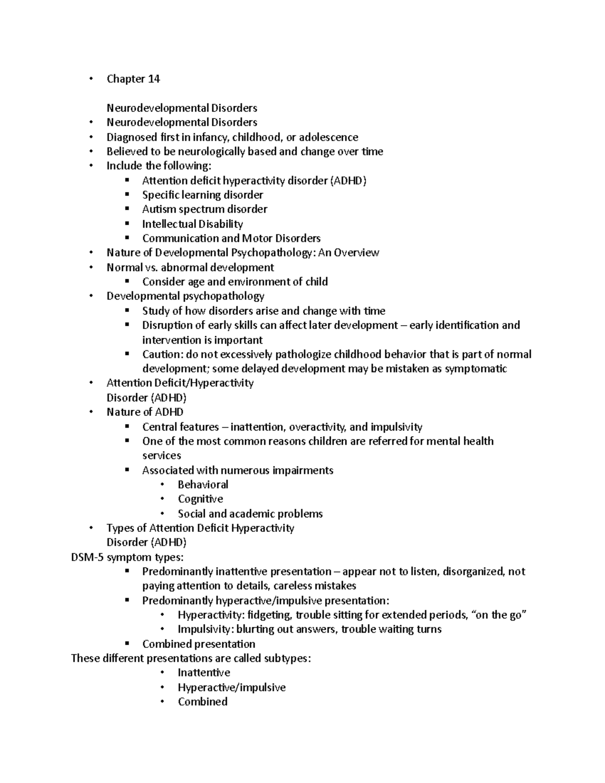 Abnormal chapter 14 - Lecture notes 14 - Chapter 14 Neurodevelopmental ...