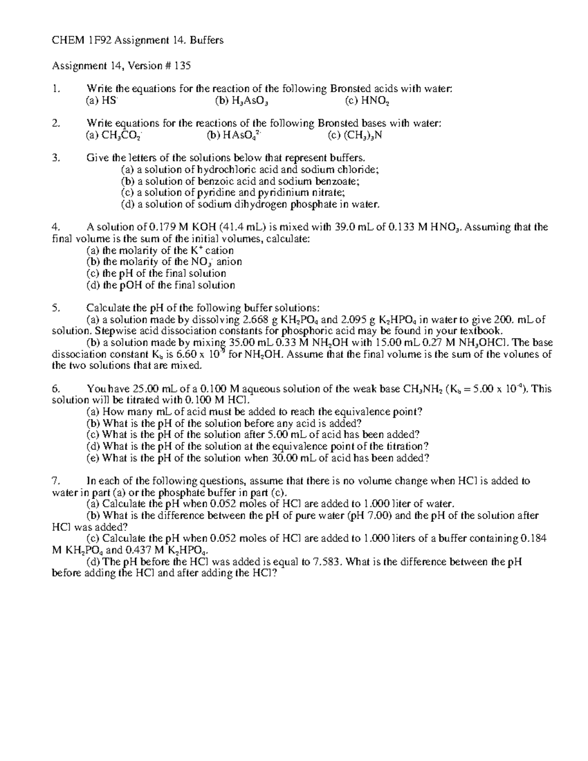 A14 practise questions CHEM 1F92 Assignment 14. Buffers Assignment