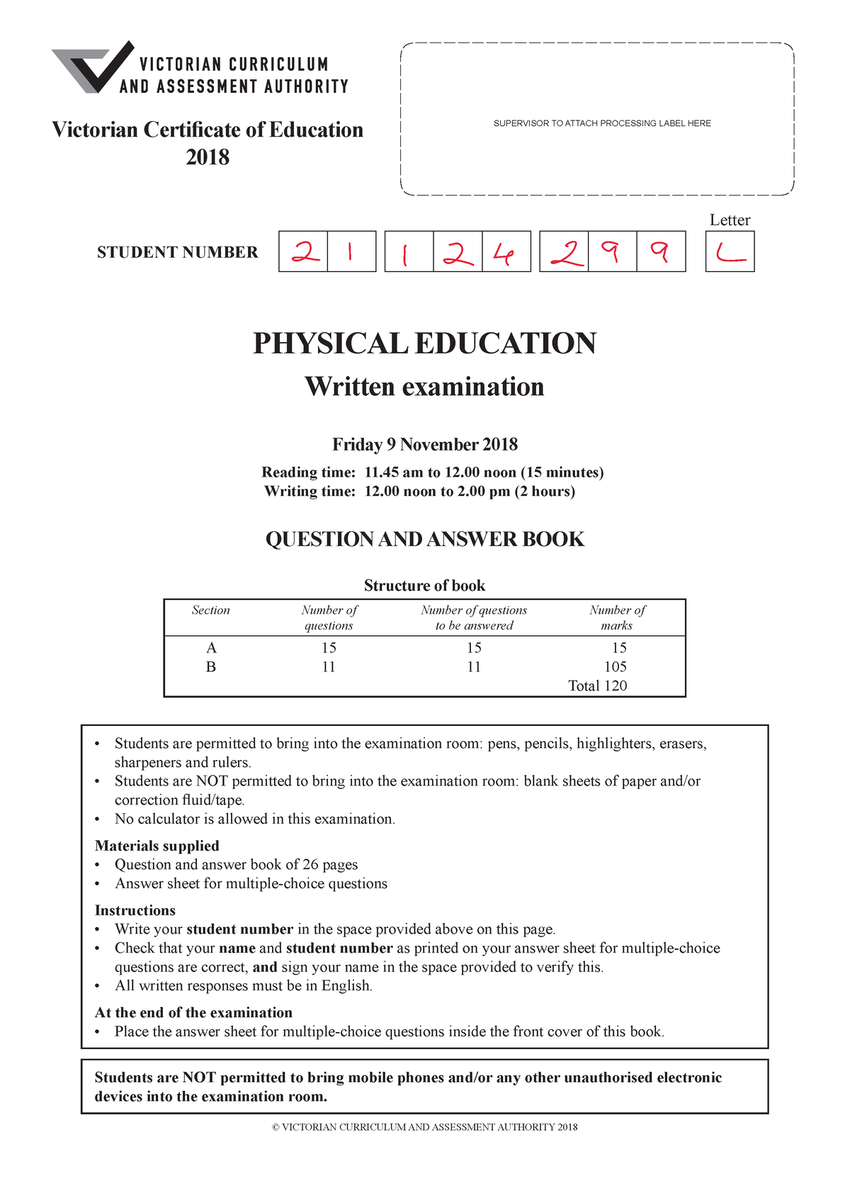 2018 VCAA PE EXAM - VCAA Past Exam 2018 - PHYSICAL EDUCATION Written ...