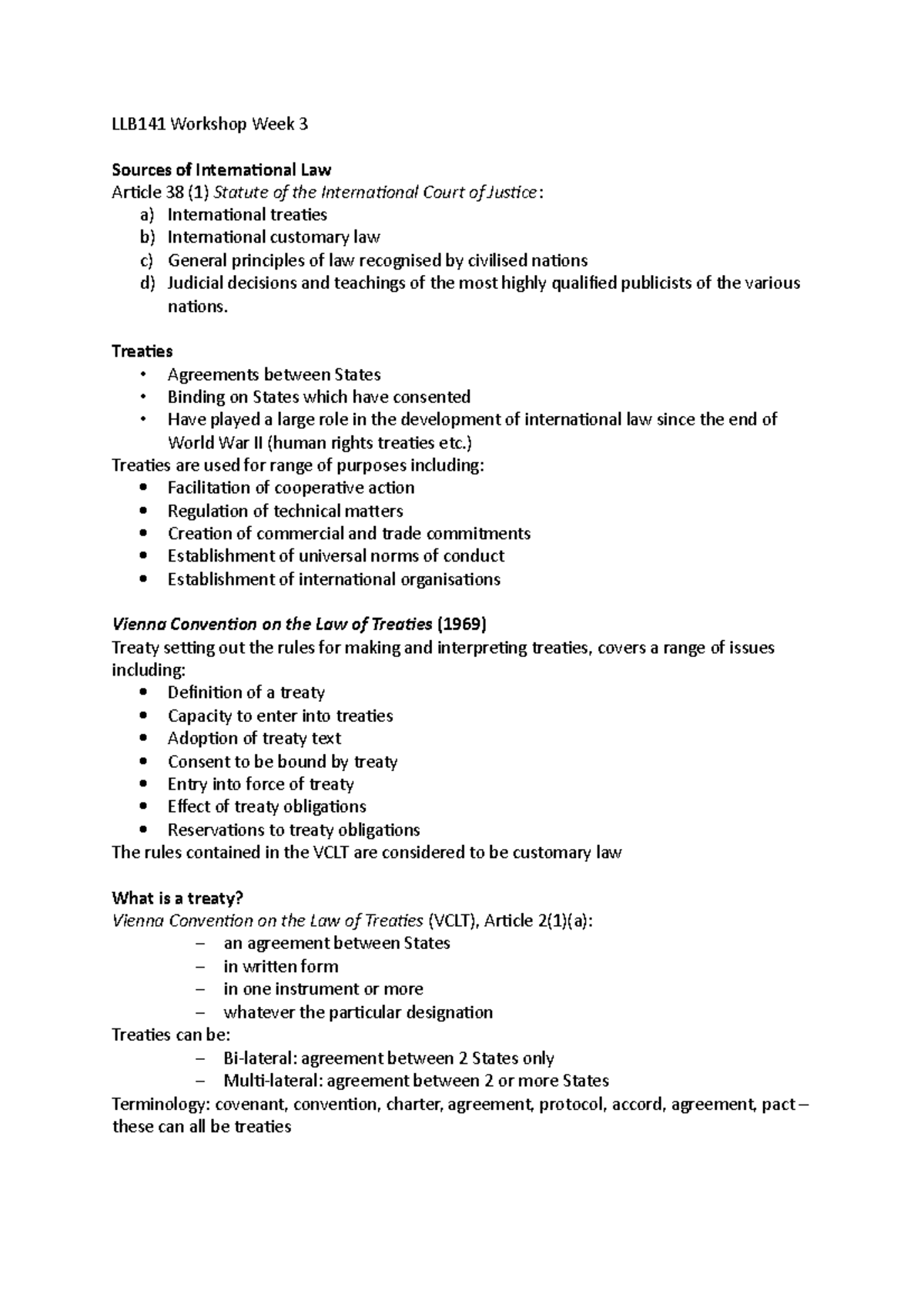 Week 3 - Sources of International Law - LLB141 Workshop Week 3 Sources ...