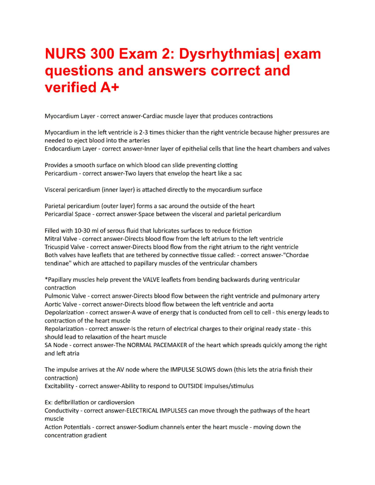 NURS 300 Exam 2 Dysrhythmias exam questions and answers correct and ...