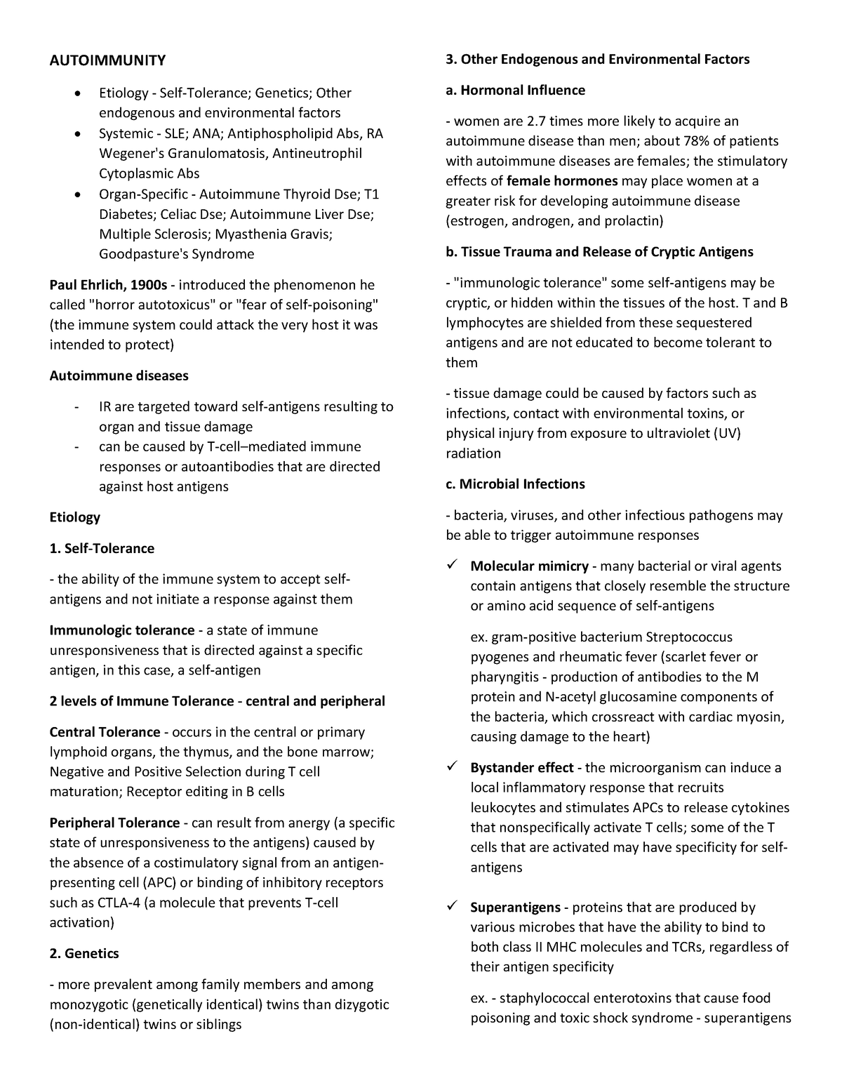 Autoimmunity handouts-4 - AUTOIMMUNITY Etiology - Self-Tolerance ...